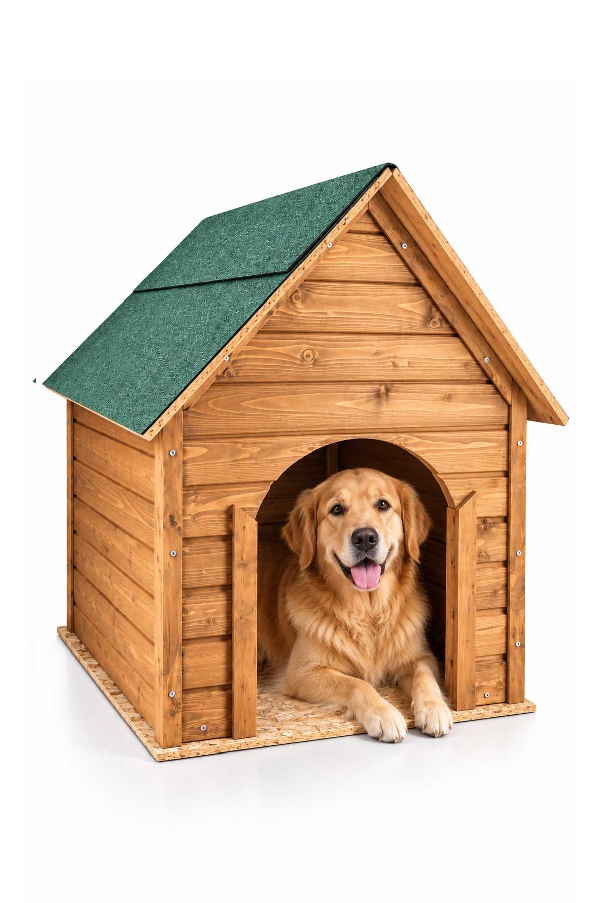 Reyo Pet Suya Soğuğa Dayanıklı Lüks Büyük Boy Ahşap Köpek Kulubesi Sokak Köpek Evi Yeşil Çatılı 100x100x78 cm Ceviz