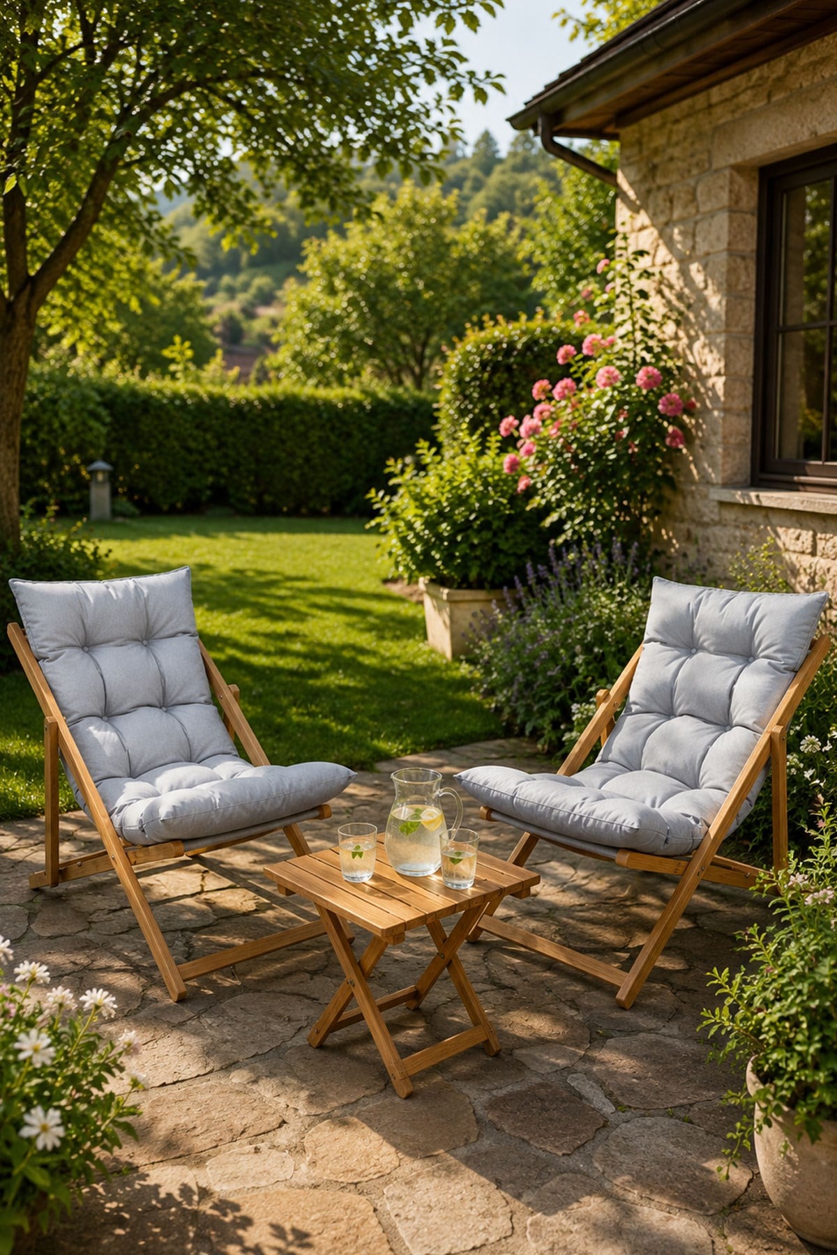 BySay Ahşap Katlanabilir Taşınır Puf Minderli Şezlong Balkon Sandalyesi Takımı 3 Lü Set Gri