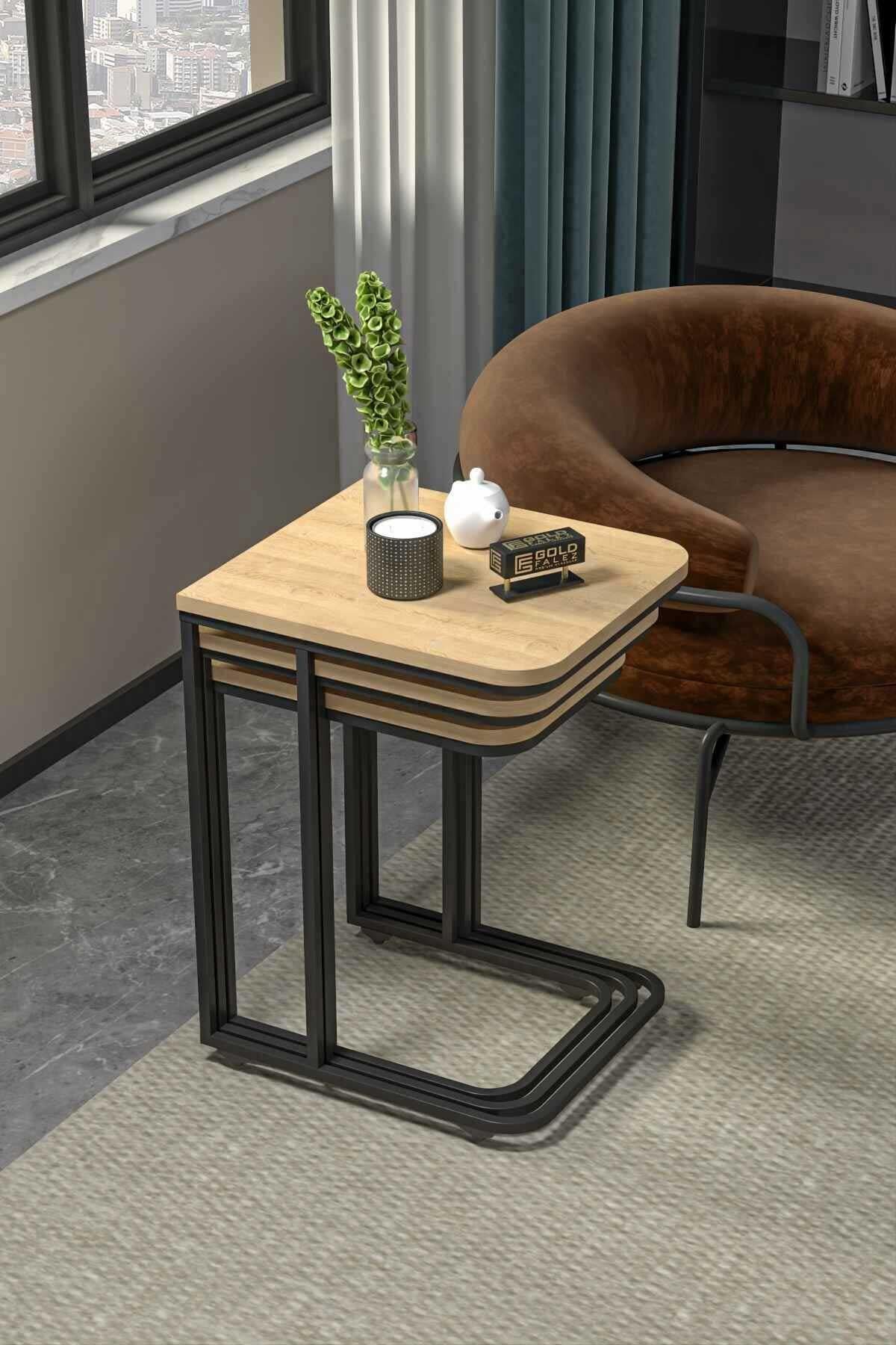 Reyo Falez  Zigon Sehpa 3'lü Tekerlekli Metal Ayaklı Yan Sehpa Karina Meşe