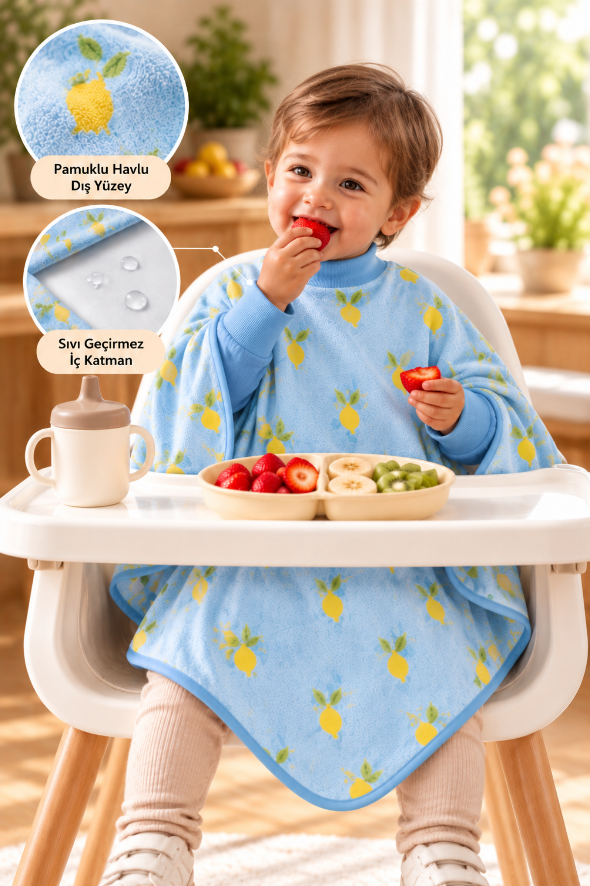 Reyo 6 Ay-6 Yaş Uzun Kollu Bebek Mama Önlüğü, Çocuk Aktivite Önlüğü, Pamuklu, Sıvı Geçirmez İç Katmanlı Havlu Bebek Beslenme Önlüğü - Limon Sorbe