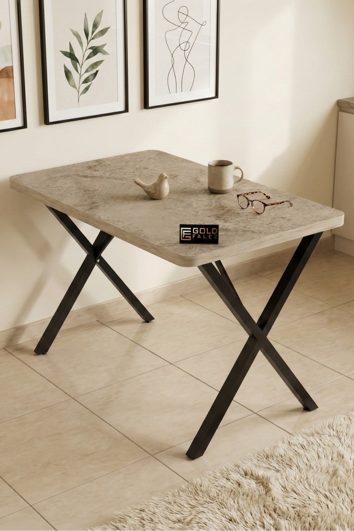 Reyo Falez 110x70 cm Yemek Masası Modern Ahşap Görünümlü Mutfak Ofis Balkon Bahçe Kafe Masası Traverten 9831