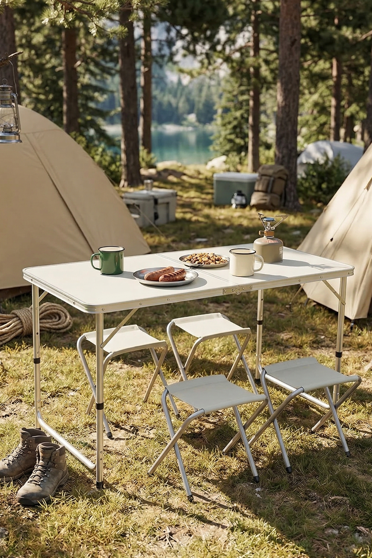 Madfox Katlanır Kamp Masası Seti 4 Tabureli Alüminyum Piknik Masası Taşınabilir