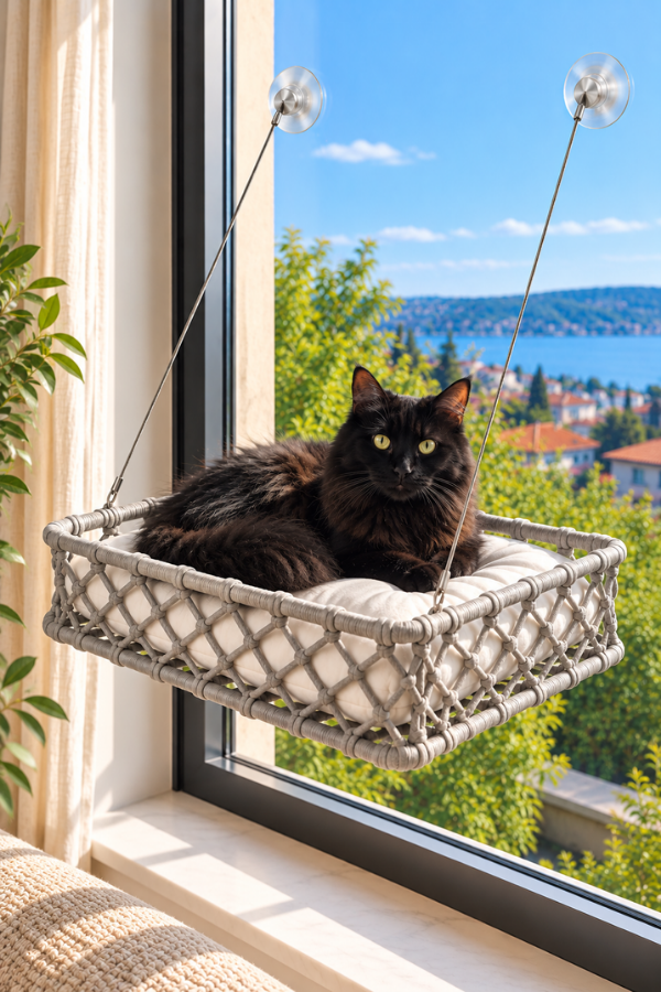 Tasaryum El Örgüsü Kedi ve Köpek Vantuzlu Cam Yatağı, Kedi Hamağı Puf Minderli Gri