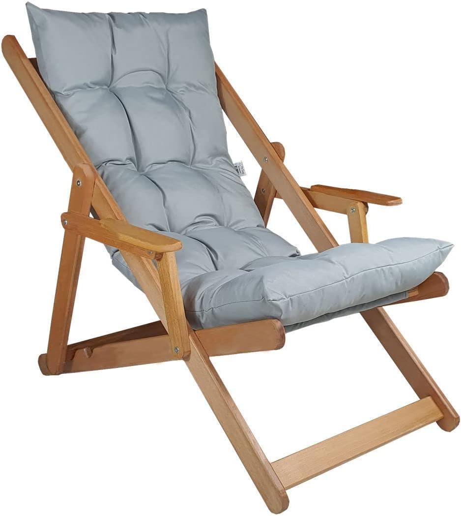 Bysay Puf Minderli Ahşap Kademeli Şezlong Bahçe&Balkon&Teras&Plaj Katlanır Şezlong Naturel Gri