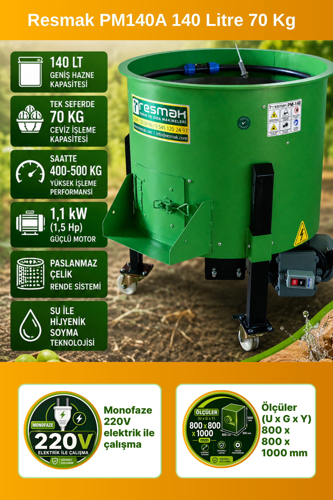 Resmak PM140A 140 Litre 70 Kg Devir Ayarlı Ceviz Soyma Makinesi