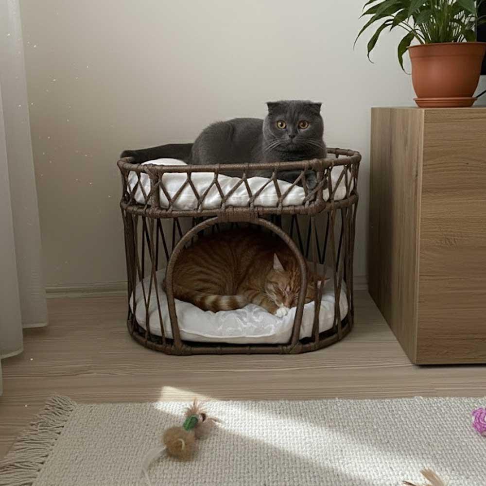 Tasaryum Çift Katlı Kedi Yatağı ve Kedi Ranzası, Minderli İskandinav Tasarım Kedi Evi, Örgü Gövdeli Kedi Yuvası – Kahverengi