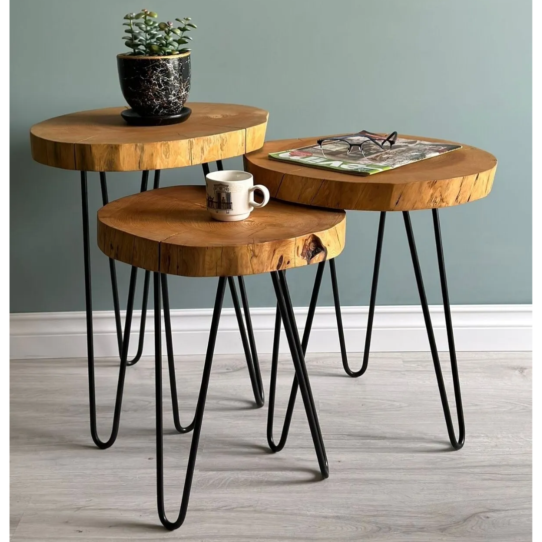 Reyo Kütük 3lü Zigon Sehpa Metal Ayaklı Ahşap Doğal Sehpa Naturel