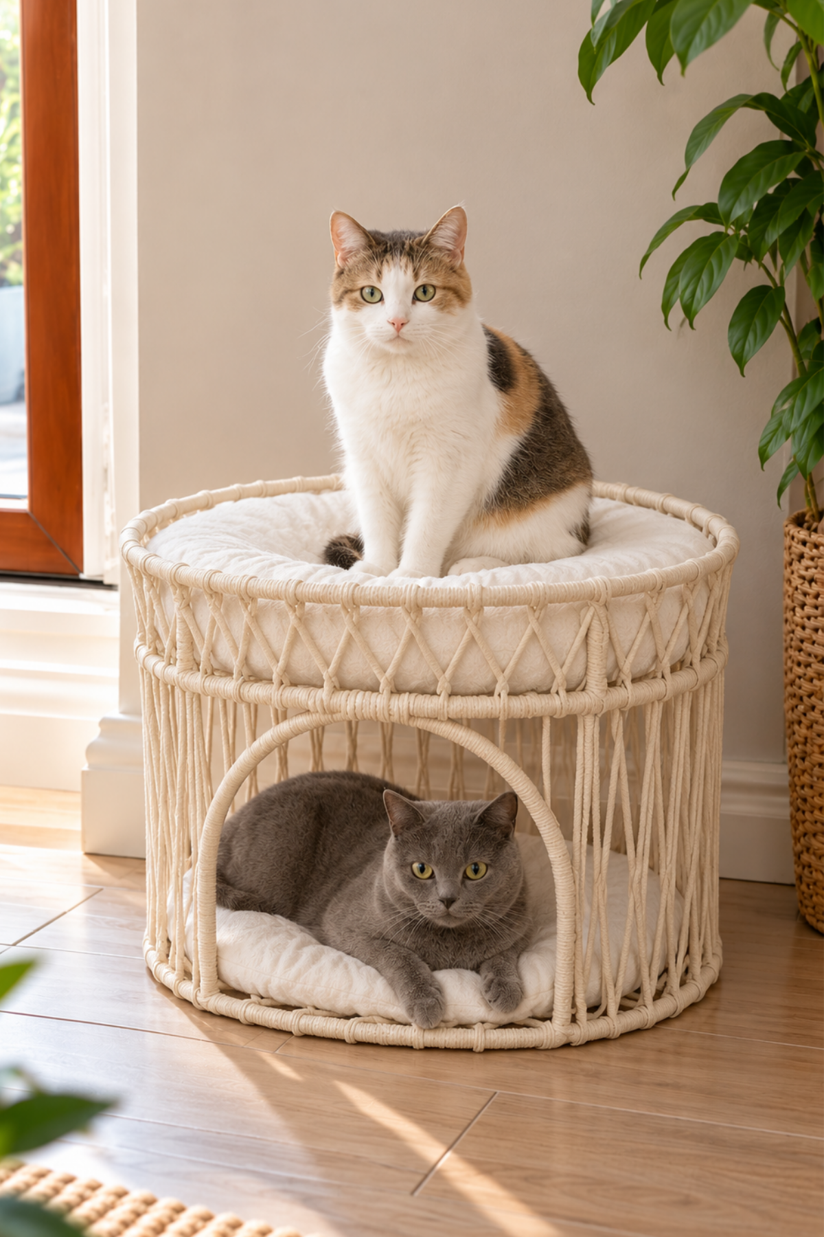 Tasaryum Çift Katlı Kedi Yatağı Kedi Ranzası, İskandinav Kedi Evi Bej
