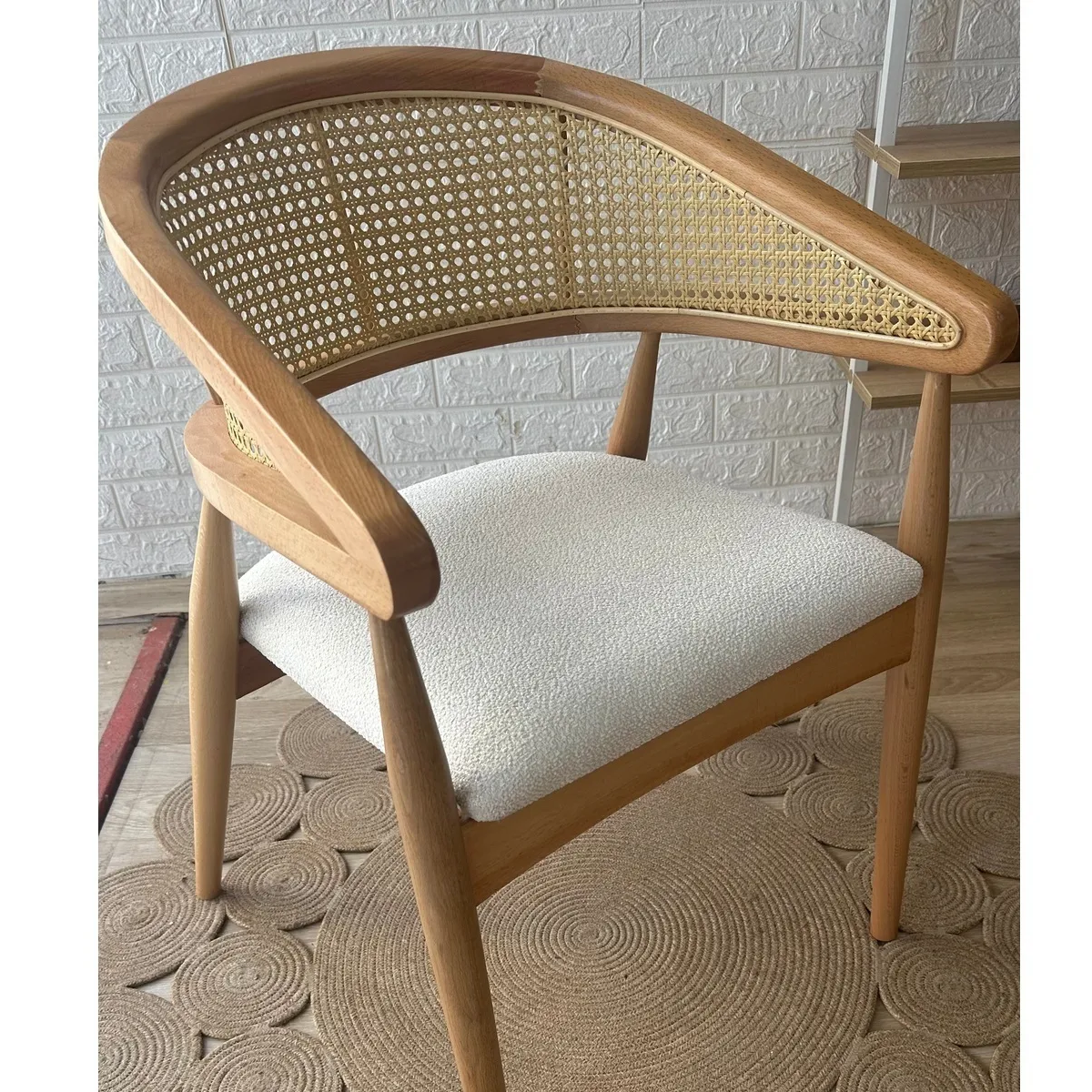 Reyo Gazel Sandalye Teddy Krem Kumaş Hasırlı Naturel Ahşap Sandalye