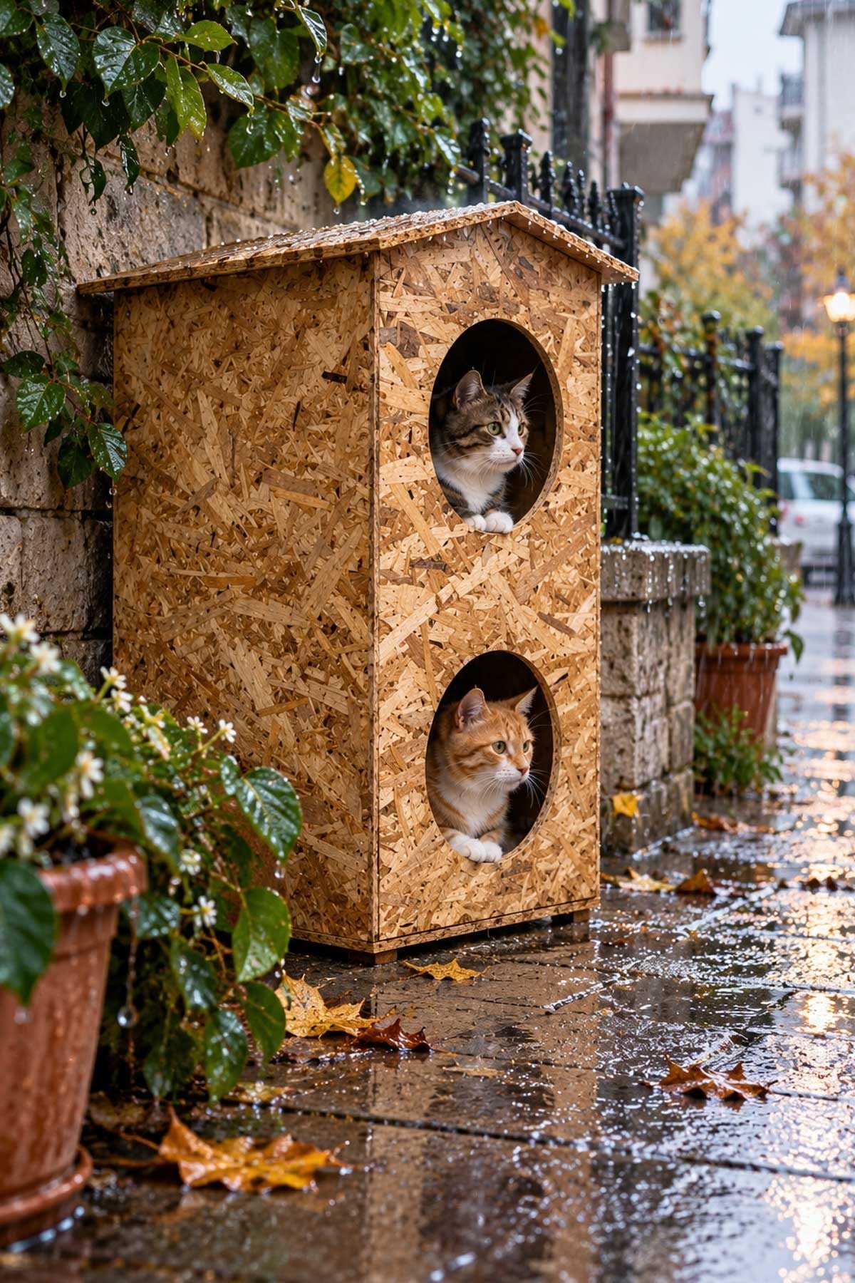Reyo 2 Bölmeli Dublex Kedi 66x39x32 cm Yağmura ve Soğuğa Dayanıklı OSB Kedi Kulübesi, Sokak Hayvanları İçin Kedi Yuvası - CAT10 