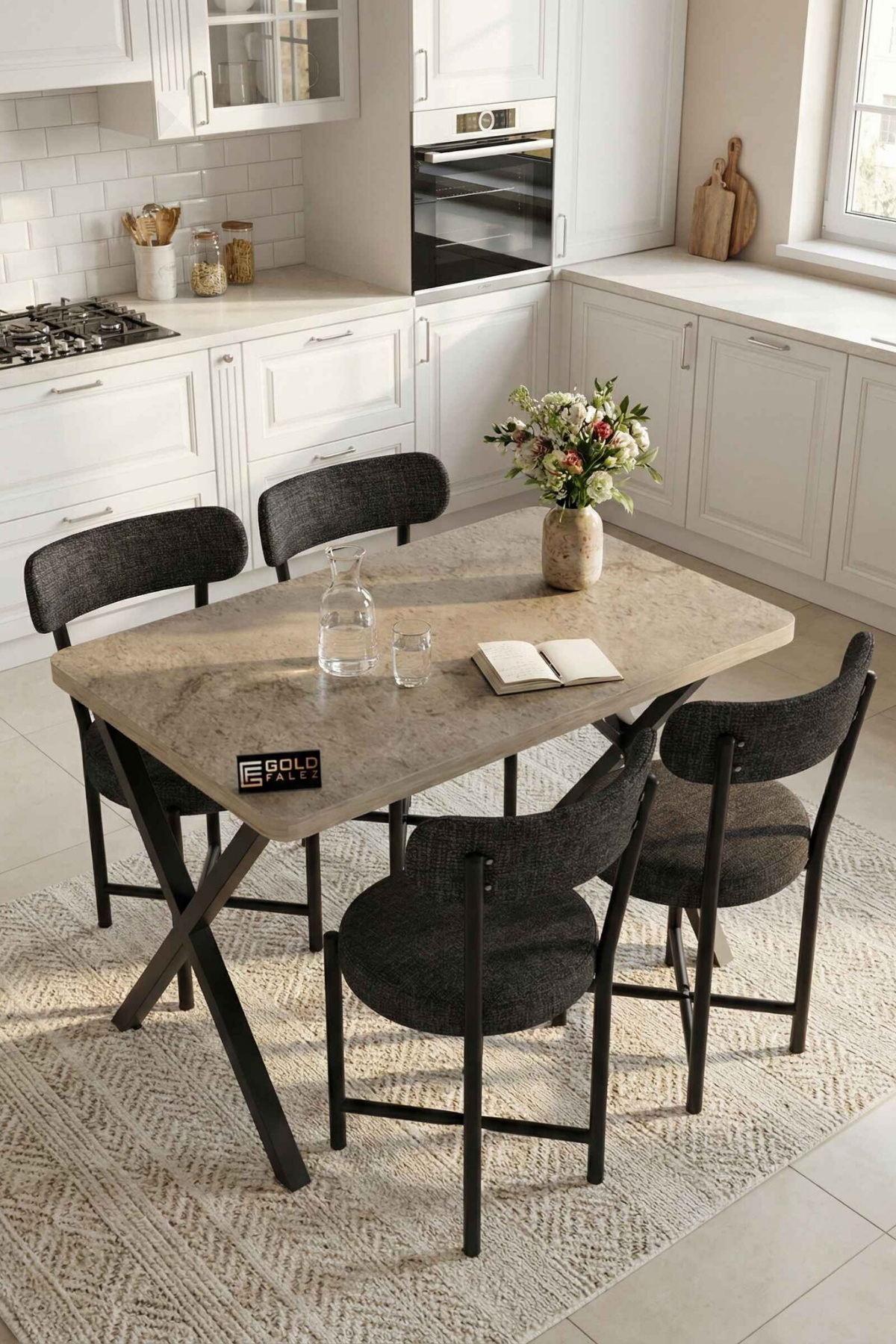 Reyo Falez Elma 110x70 cm Masa Takımı 4 Sandalyeli Modern Mutfak Balkon Kafe Yemek Masası Seti Traverten - Antrasit 9883