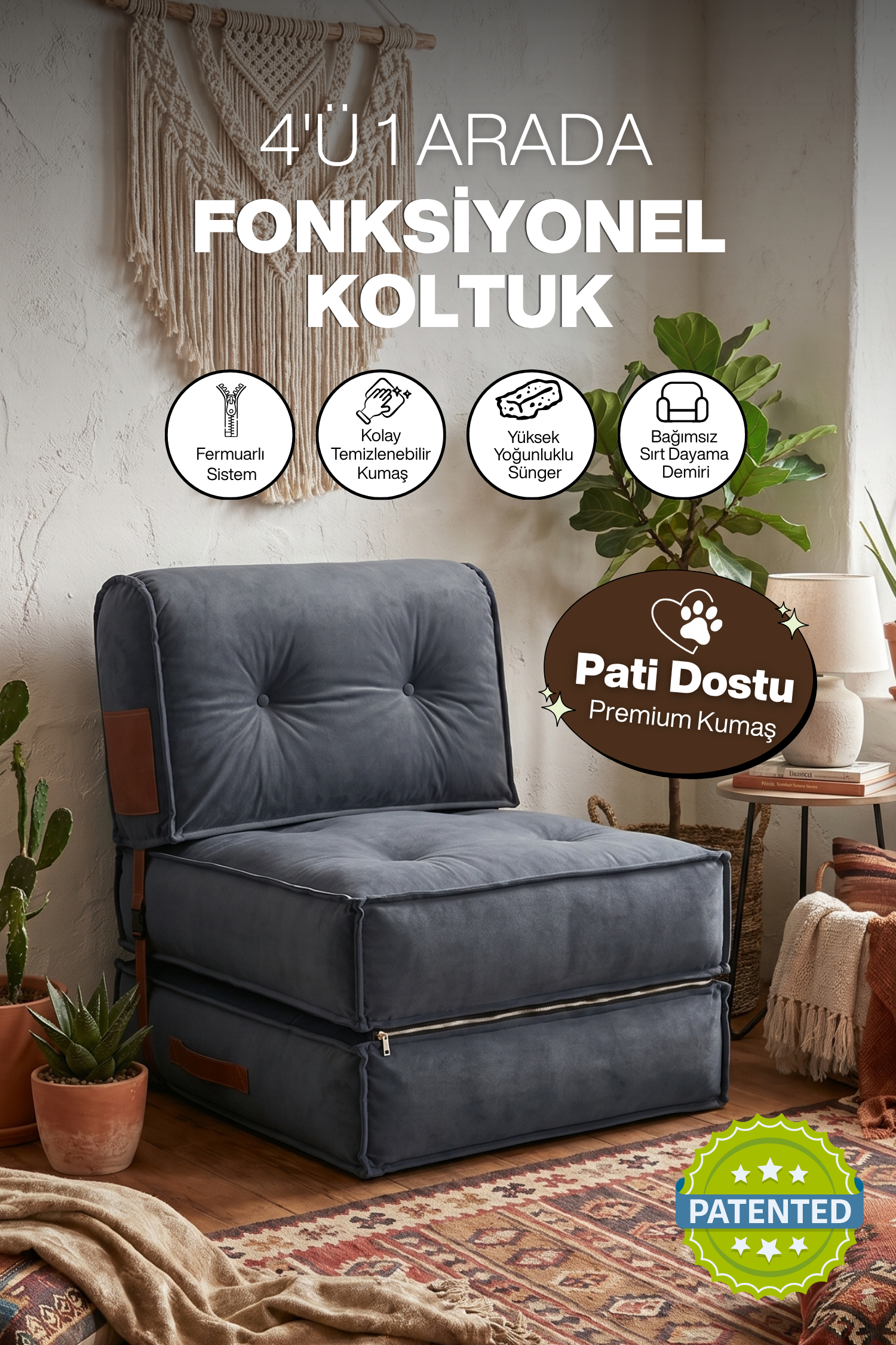 Pufymax Comfort Minder Koltuk Modüler Yer Koltuğu Sırt Destekli Oturma Minderi 75x75x85cm Yıkanabilir Fermuarlı Gri 