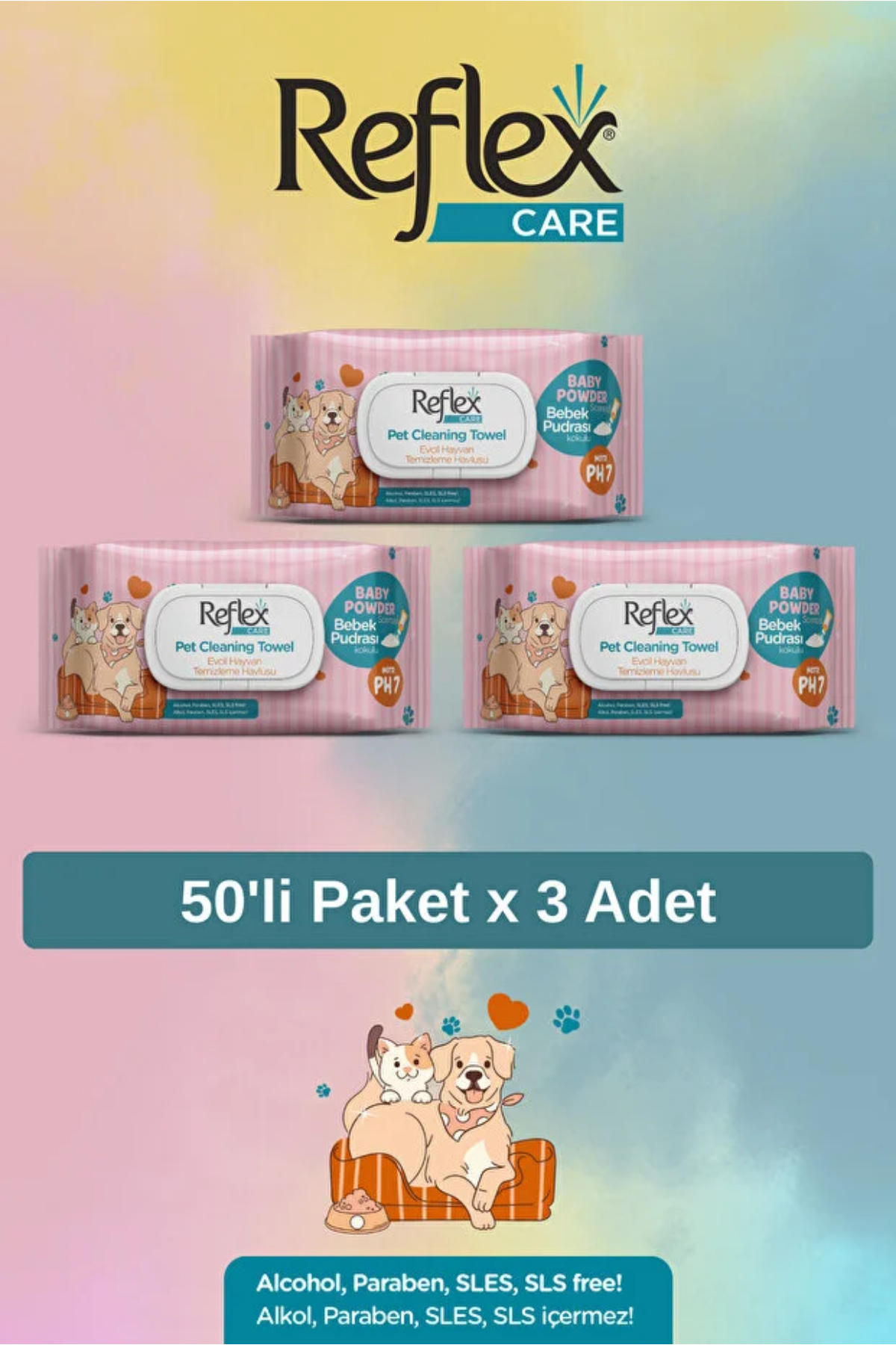 Reflex Care Evcil Hayvanlar için Çok Amaçlı Temizleme Havlusu 50'li X 3 Adet