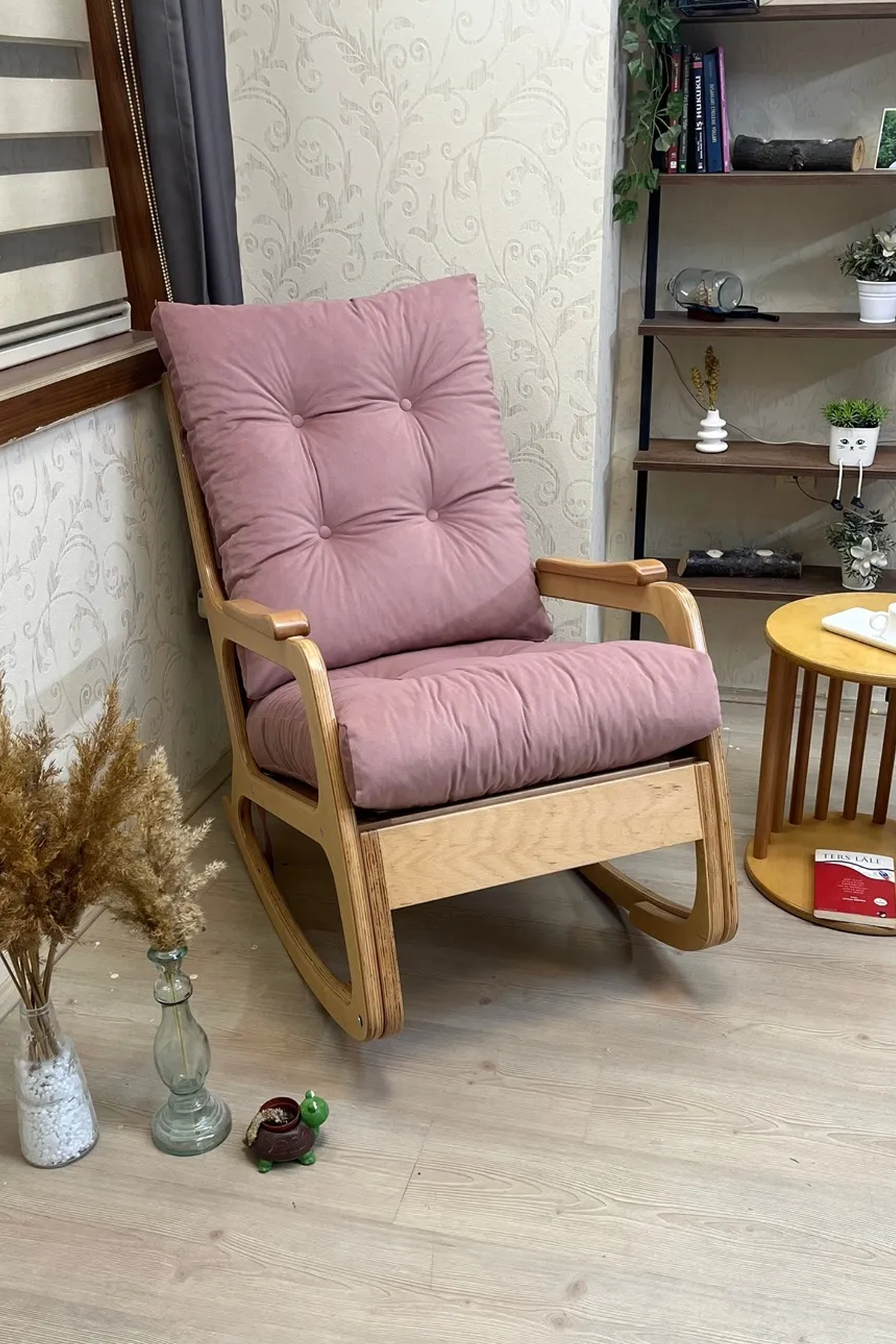 Asedia Kontes Naturel Pembe Dolgu Minderli Sallanan Sandalye Dinlenme Koltuğu Baba Koltuğu