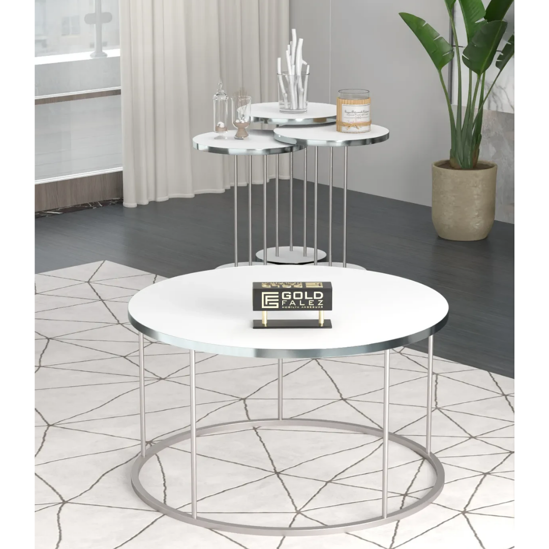 Gold Falez Orta Sehpa ve Zigon Sehpa Terra Set Gümüş Beyaz