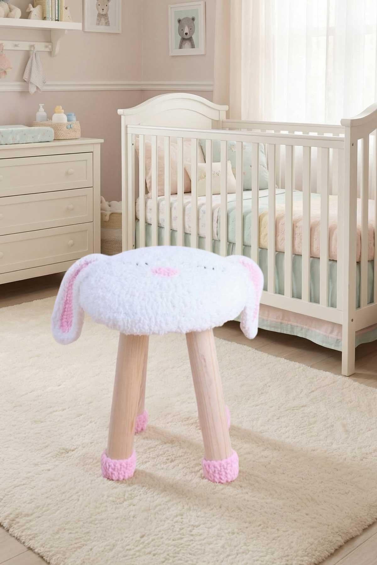 Reyo Hayvan Figürlü Ahşap Amigurumi Çocuk Taburesi Tavşan