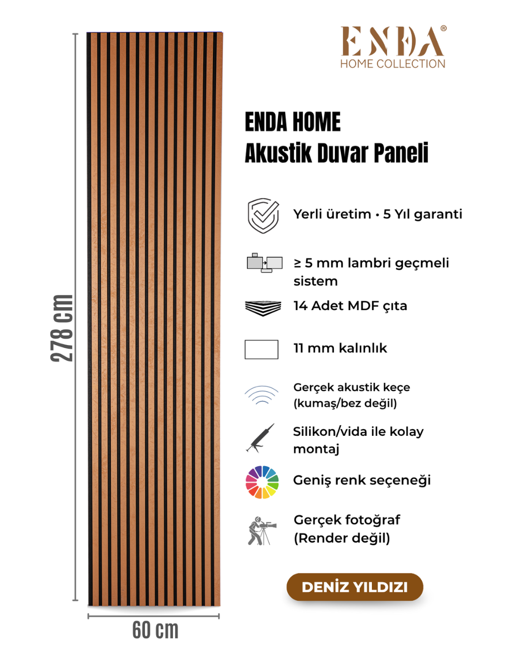 Enda Home MDF Akustik Duvar Paneli 60 x 278cm Deniz Yıldızı