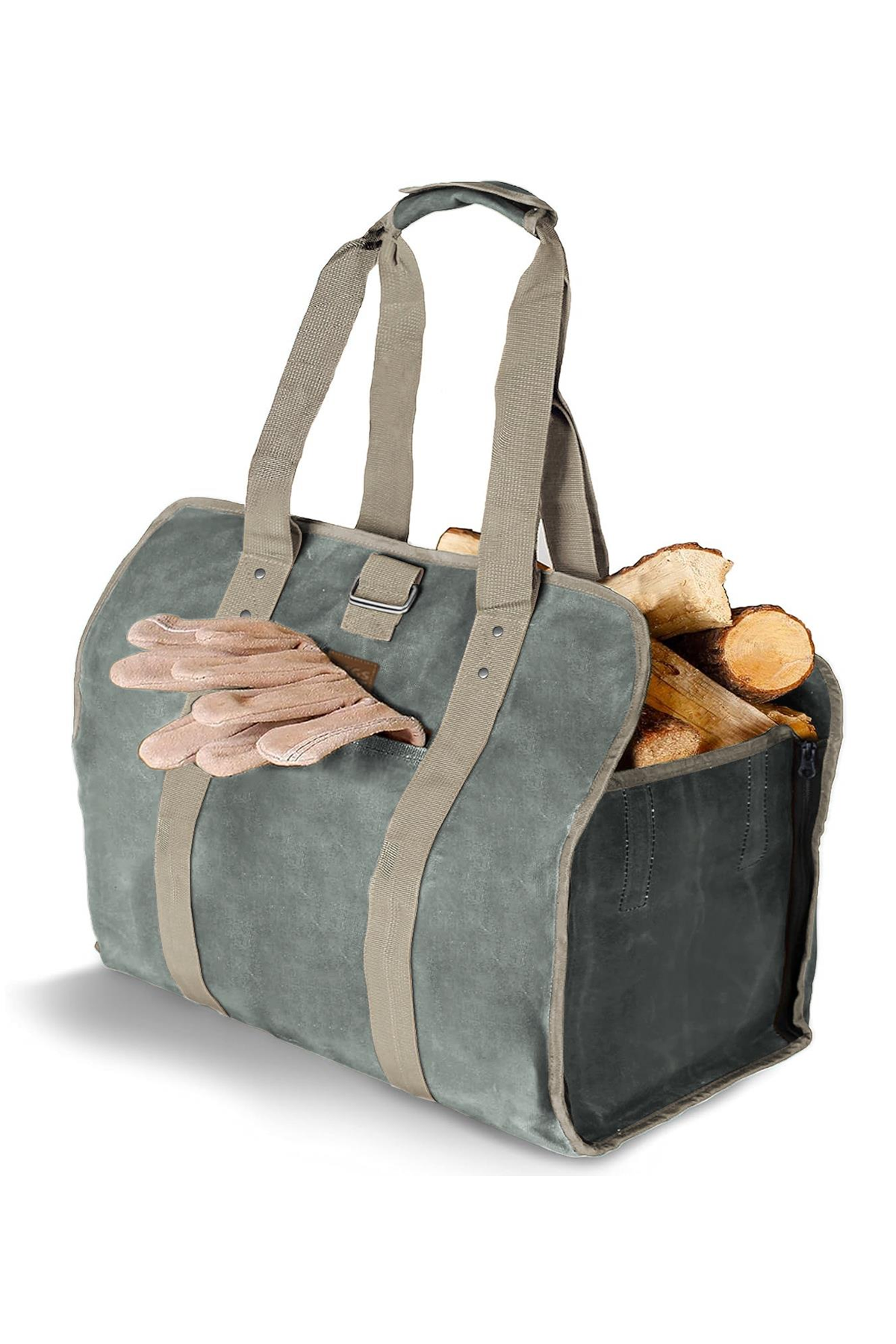 Haegs 2in1 Fermuarlı Ağır Hizmet Çantası, Waxed Kanvas, Şömine Odun Çantası, Yakacak Kütük Taşıma Depolama Çantası, Şömine Odun Sobası Aksesuarları 46x24x44 cm Timsah Yeşili