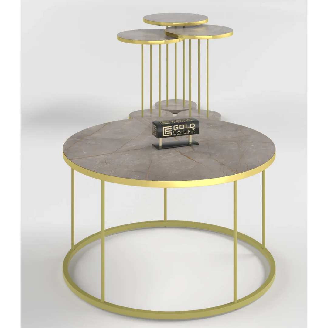 Gold Falez Orta Sehpa ve Zigon Sehpa Terra Set Altın Gordion