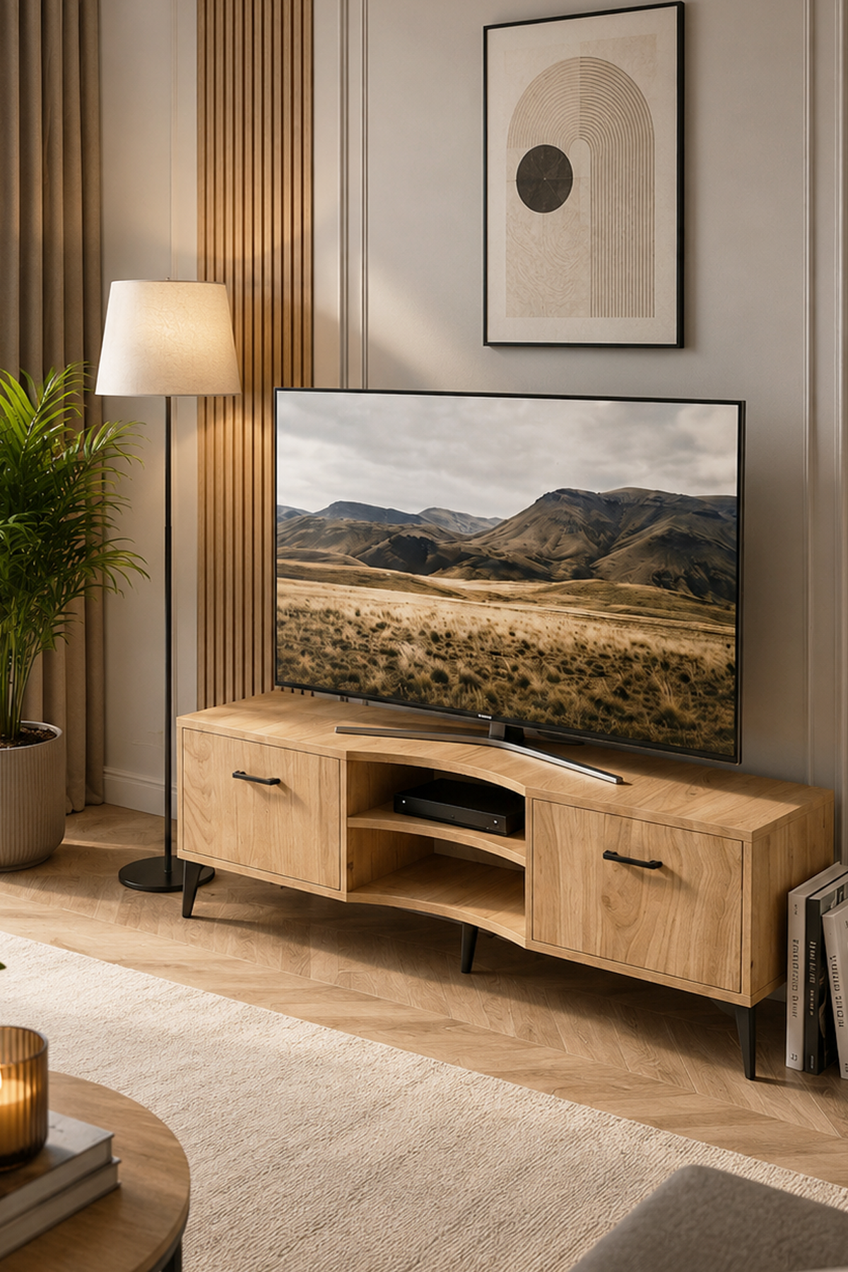 Reyo Falez Vera Tv Sehpası 160x35x50 cm Çok Amaçlı Televizyon Ünitesi Raflı Dolaplı Salon Oturma Odası 5057 Meşe
