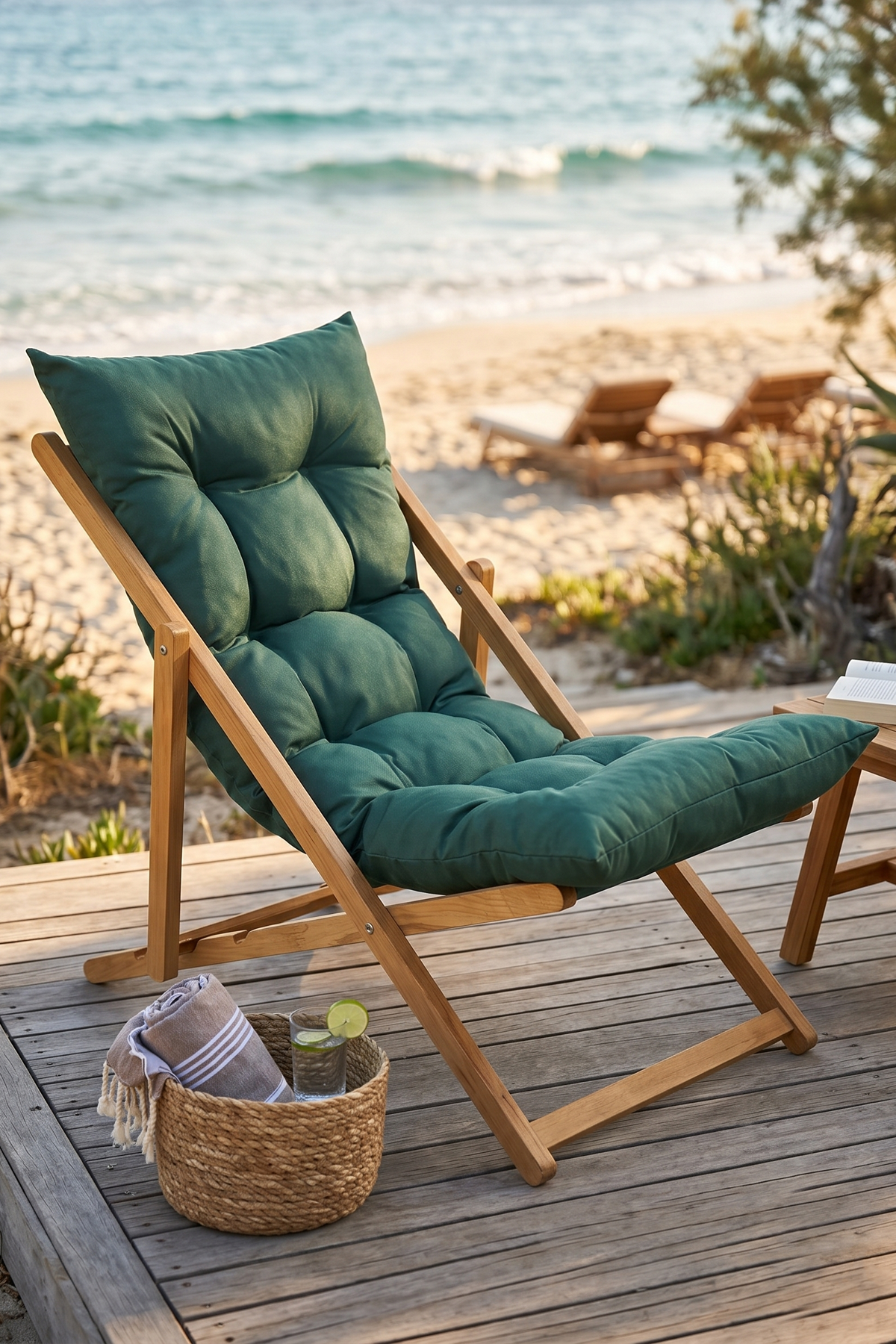 Bysay Ahşap Katlanabilir Taşınır Puf Minderli Plaj, Bahçe, Balkon Şezlong 