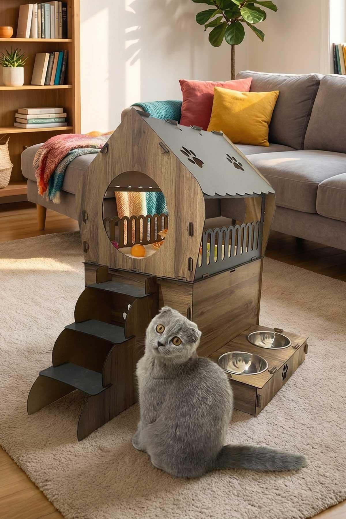 Reyo Pet Dekoratif Teraslı Kedi Evi ve Mama Kabı Seti