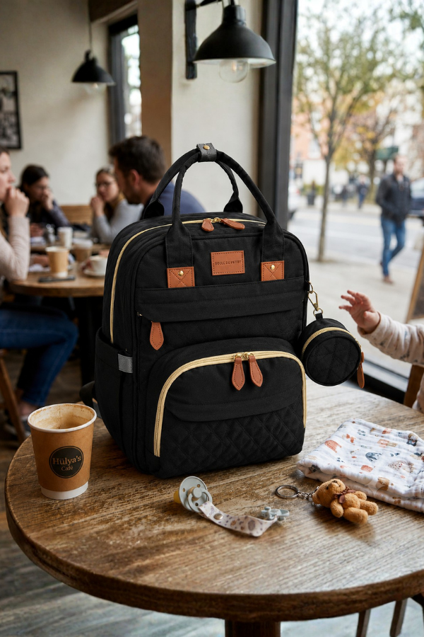 Boule de Petite Anne Bebek Bakım Çantası, Çok Bölmeli Organizer Bebek Çantası, Termal Biberon Bölmeli, Su Geçirmez Sırt Çantası Siyah