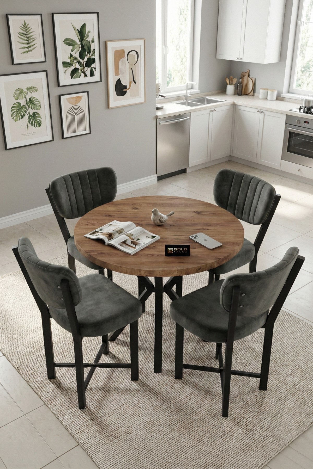 Reyo Falez Elma 90 cm 4 Sandalyeli Yuvarlak Masa Takımı Modern Mutfak Balkon Kafe Yemek Masası Seti - Antrasit 9865