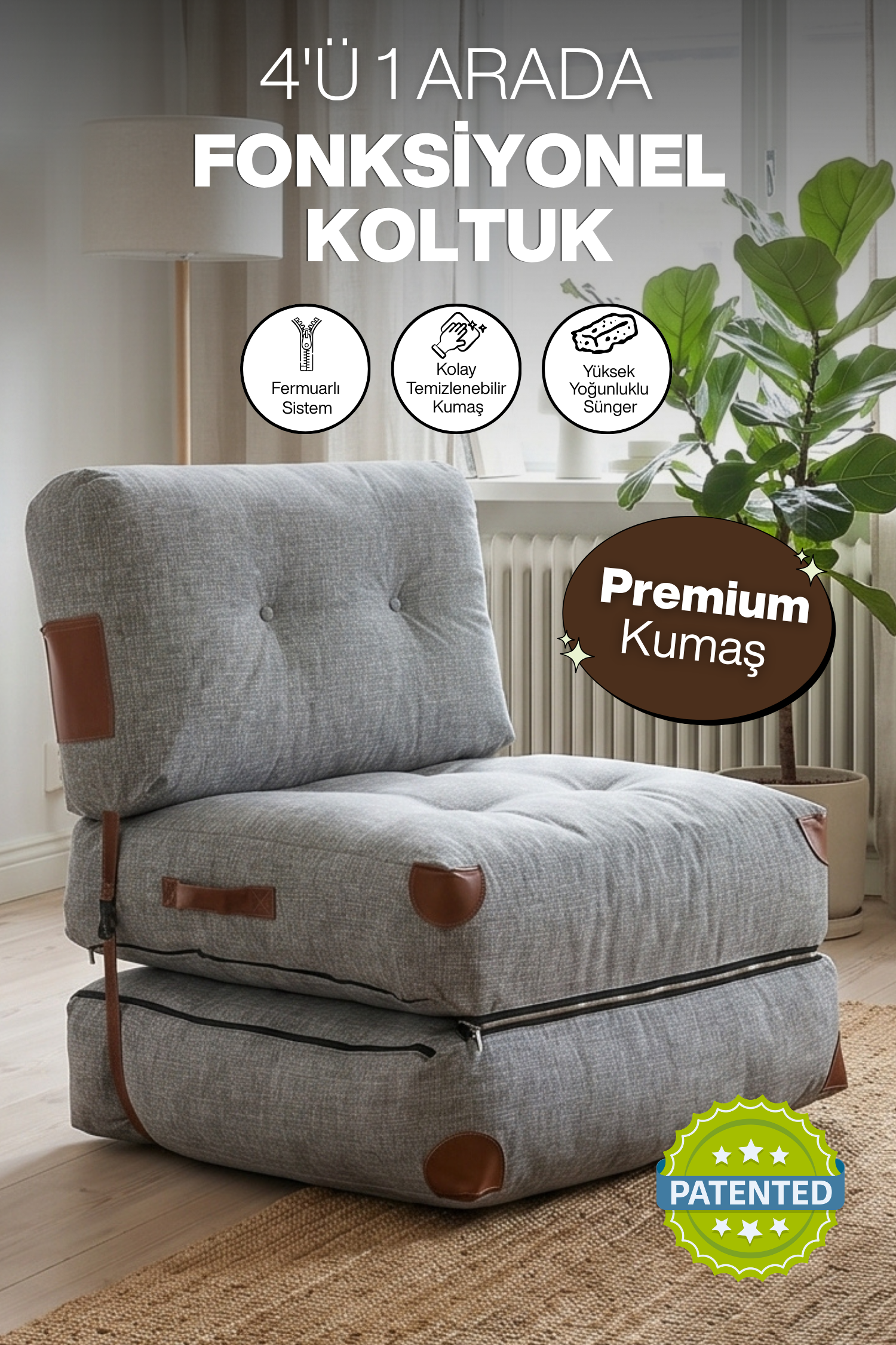 Pufymax Comfy Yeni Nesil Bohem Tekli Koltuk Yatak Olabilen Katlanır Berjer & Modüler Yer Yatağı 75x75x 85 cm Keten Gri