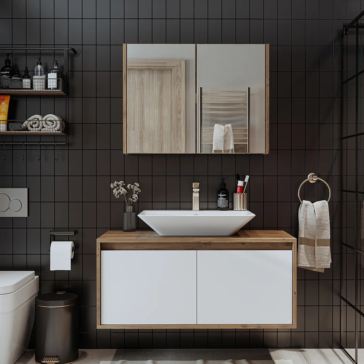Roomart Tm7.2 Ayaksız 2 Kapaklı Lavabolu Ahşap-Mat Beyaz Mdf 100 cm Banyo Dolabı + Aynalı Banyo Üst Dolabı