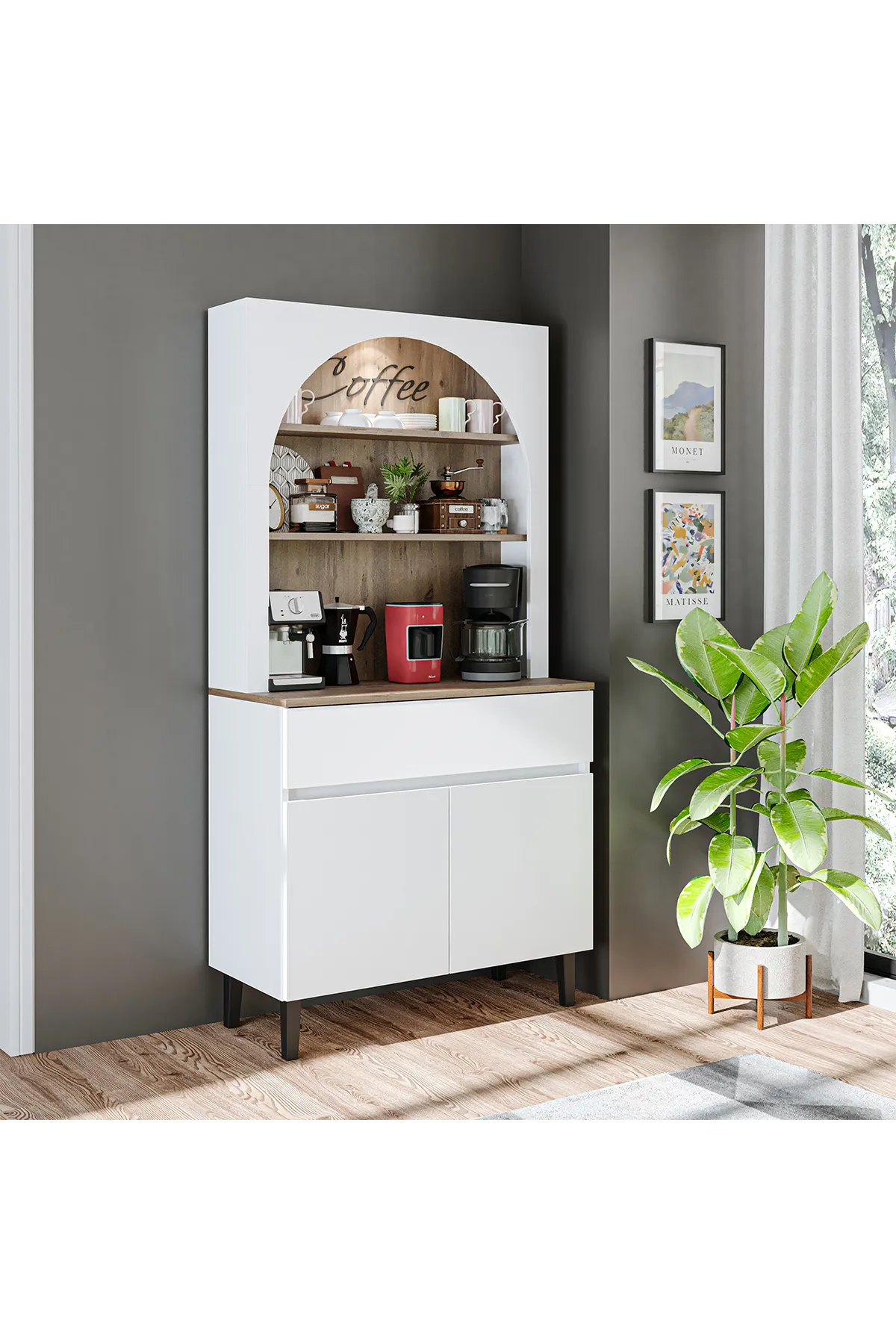 RoomArt Venedik Kahve Köşesi, Çok Amaçlı Dolap, 2 Kapaklı 1 Çekmeceli Kiler Dolabı, Mutfak Dolabı Beyaz Çam