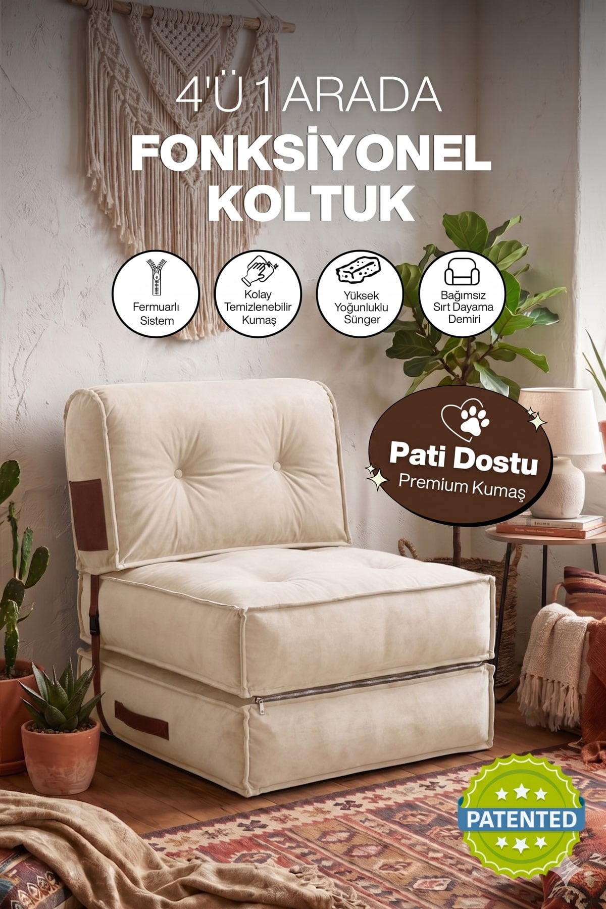 Pufymax Comfort Minder Koltuk Modüler Yer Koltuğu Sırt Destekli Oturma Minderi 75x75x85cm Yıkanabilir Fermuarlı Krem 