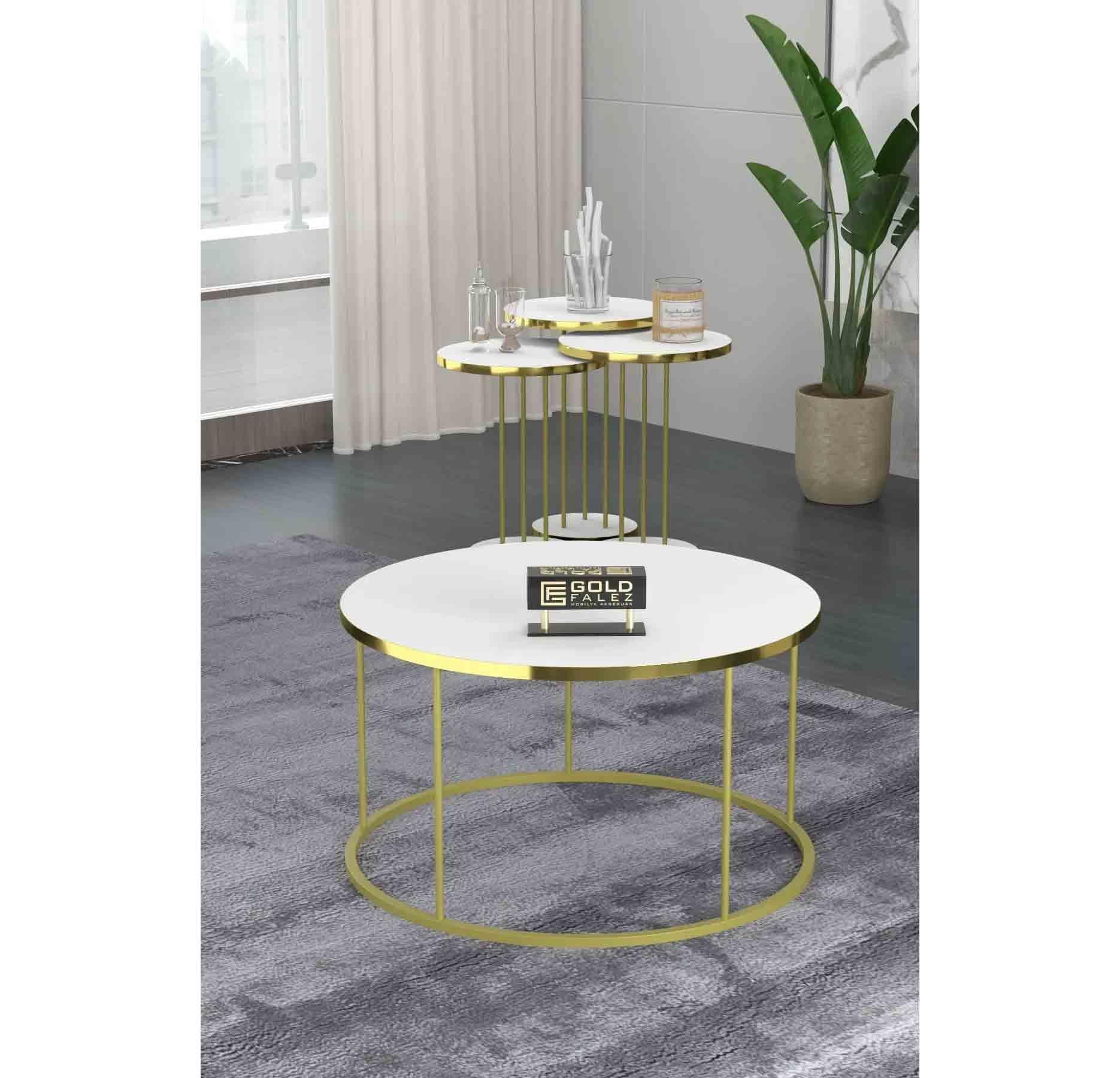 Gold Falez Orta Sehpa ve Zigon Sehpa Terra Set Altın Beyaz