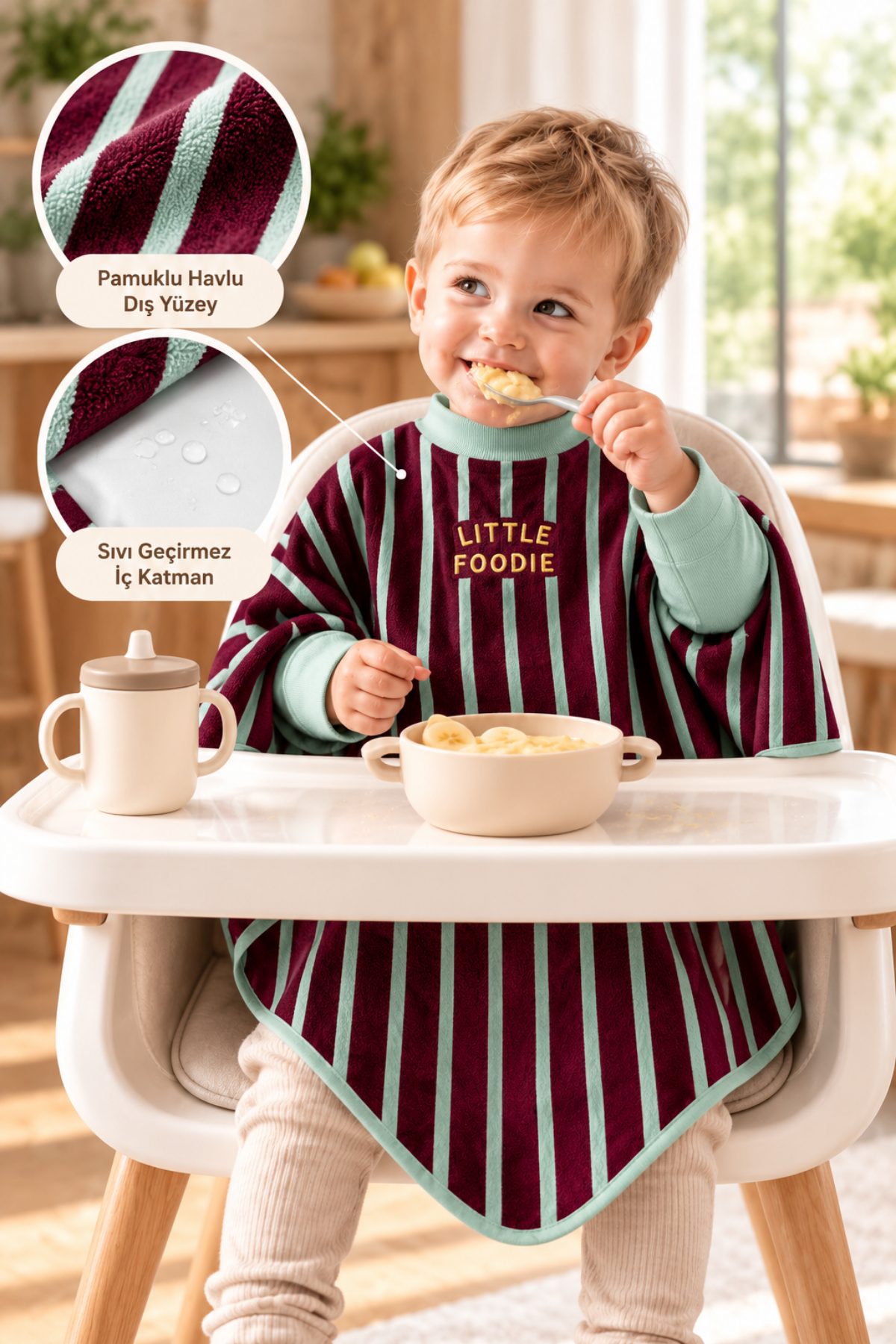 Reyo 6 Ay-6 Yaş Uzun Kollu Bebek Mama Önlüğü, Çocuk Aktivite Önlüğü, Pamuklu, Sıvı Geçirmez İç Katmanlı Havlu Bebek Beslenme Önlüğü - Little Foodie
