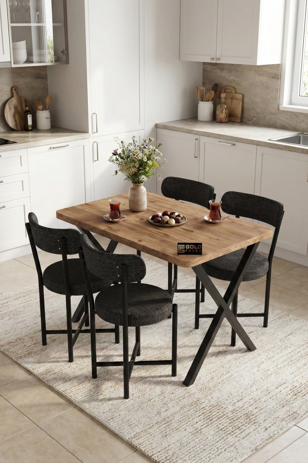 Reyo Falez Elma 110x70 cm Masa Takımı 4 Sandalyeli Modern Mutfak Balkon Kafe Yemek Masası Seti Atlantik Çam - Antrasit 9881
