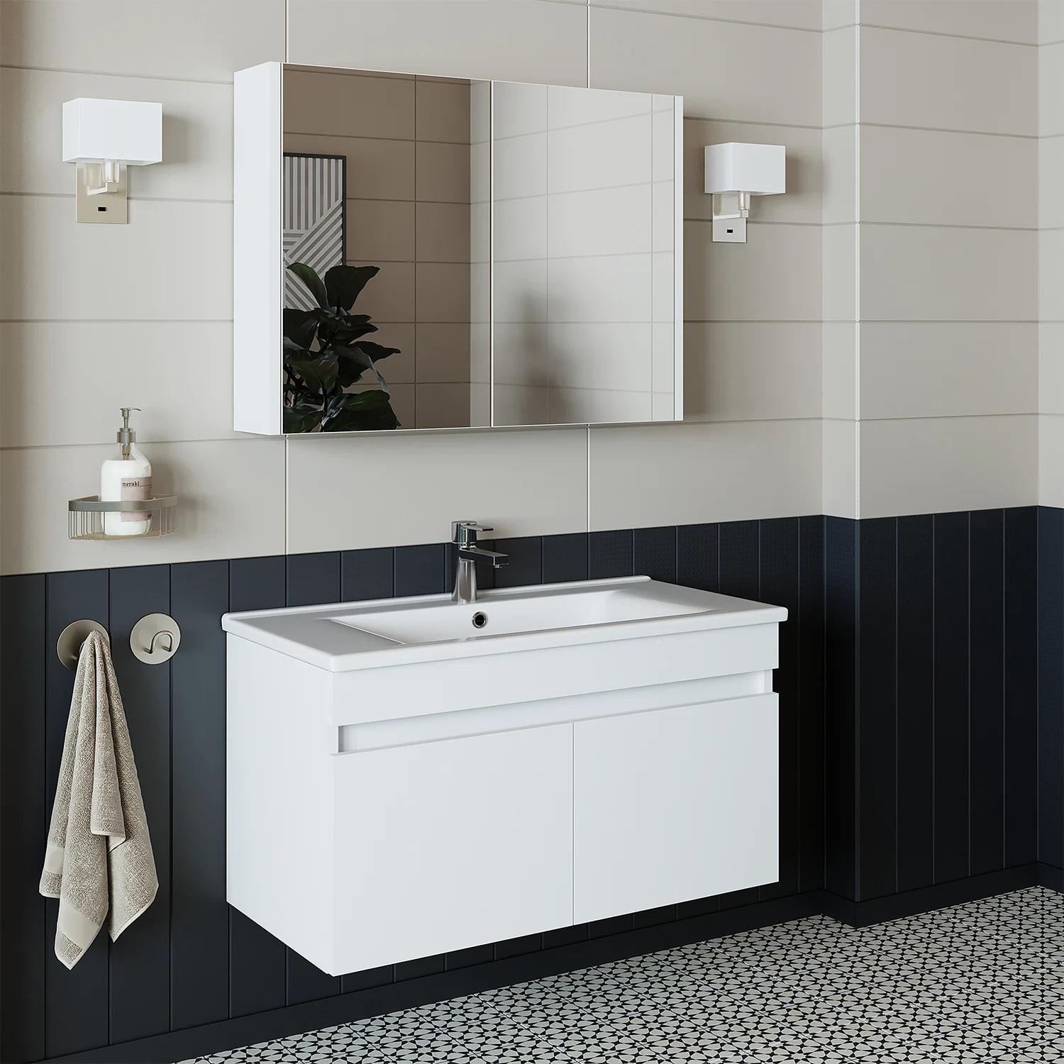 Roomart Al3 Ayaksız 2 Kapaklı Lavabolu Mdf 65 Cm Banyo Dolabı Aynalı Üst Dolabı Atlas Çam-Beyaz