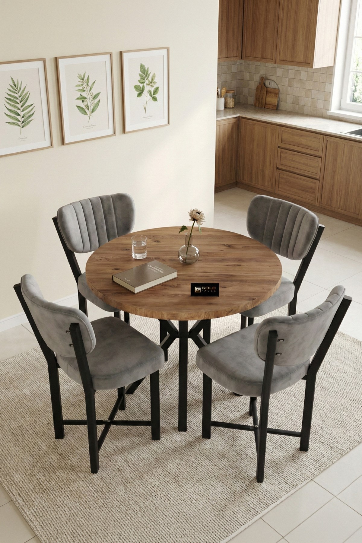 Reyo Falez Elma 90 cm 4 Sandalyeli Yuvarlak Masa Takımı Modern Mutfak Balkon Kafe Yemek Masası Seti - Atlantik Çam / Gri 9865