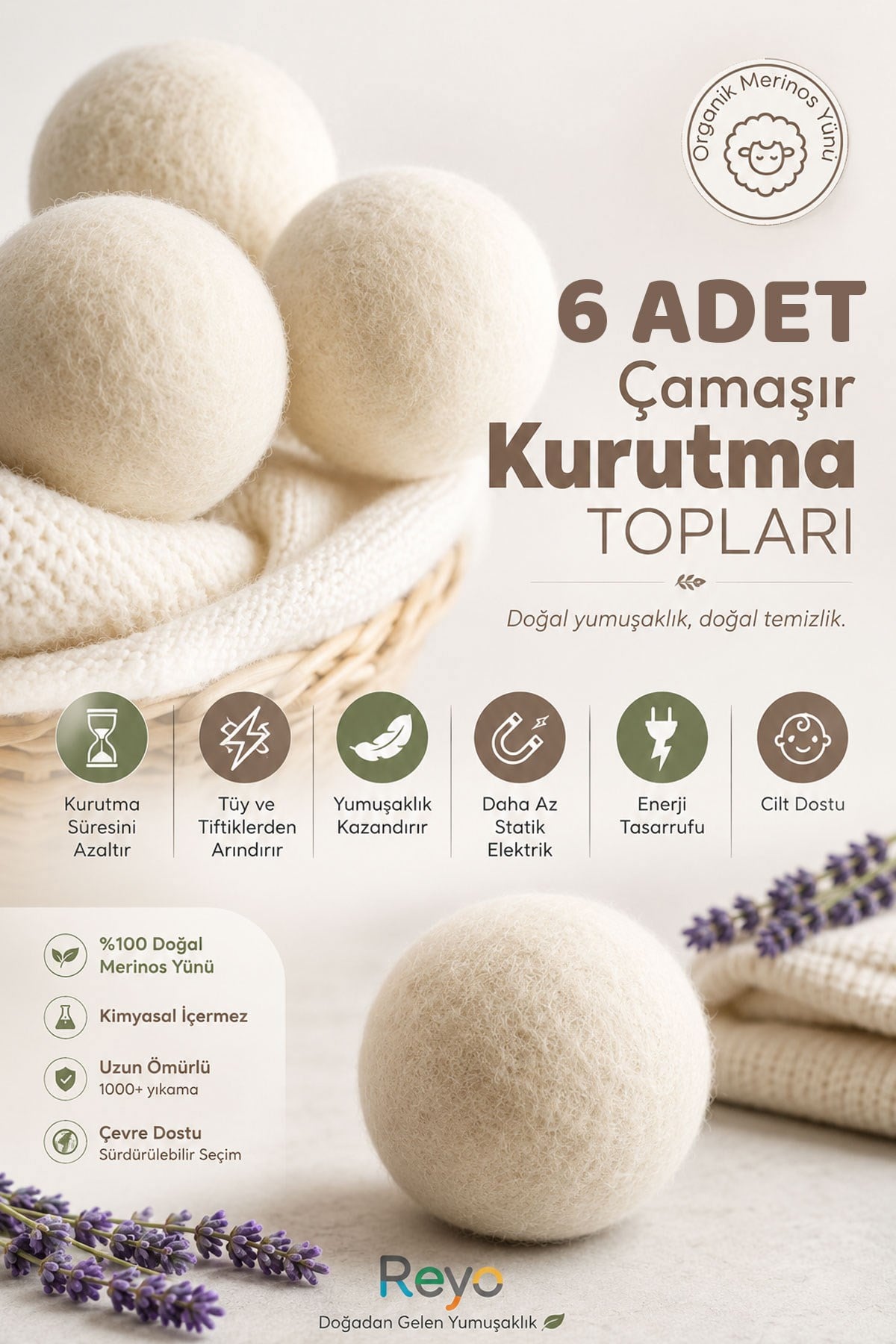 Reyo 6 Adet Doğal Çamaşır Yün Kurutma Topu Yumuşatıcı İçin Kurutma Topları Büyük Boy