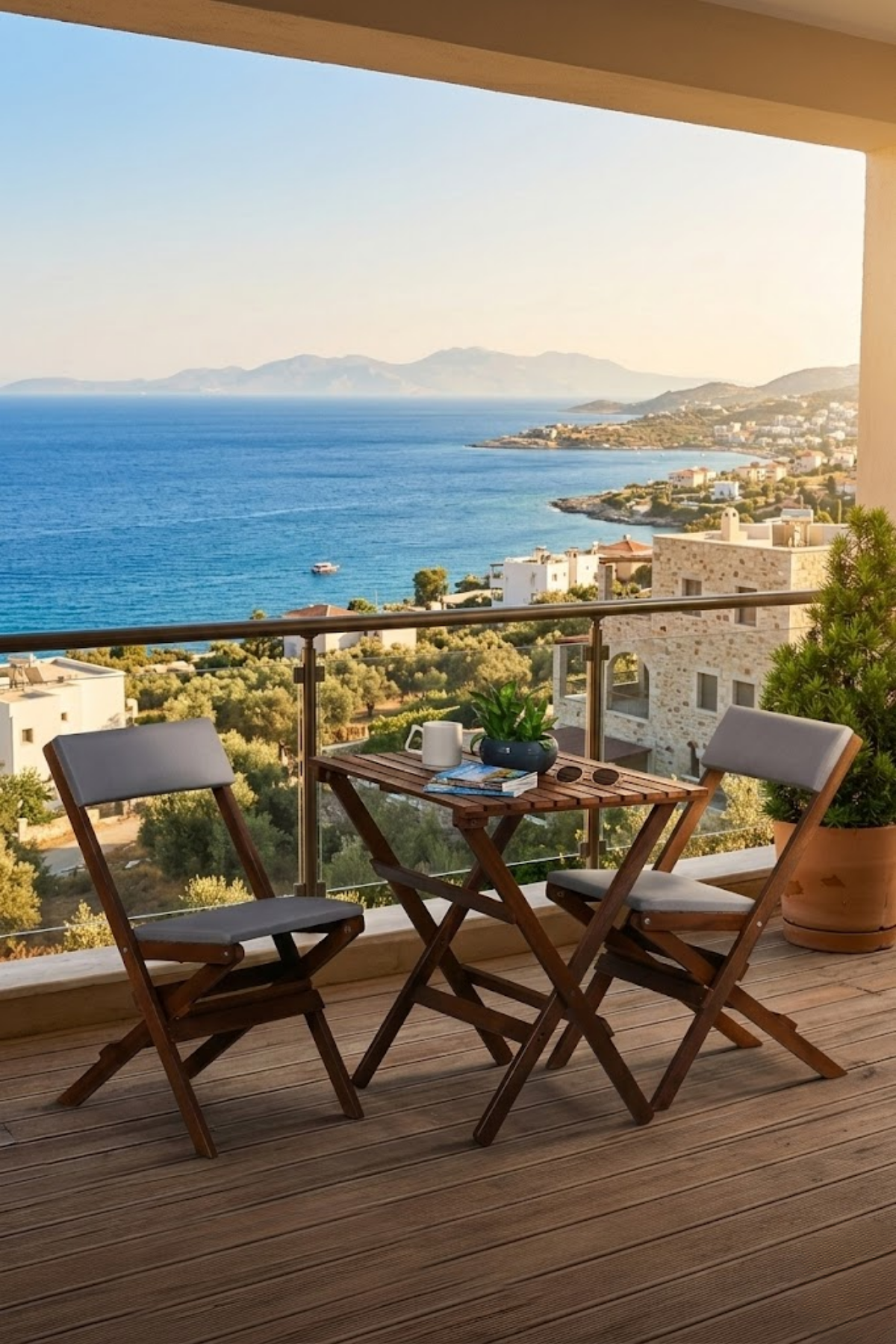 Reyo  Ahşap Katlanır Döşeme Minderli 3'lü Bistro Set Bahçe Takımı Ceviz Gri