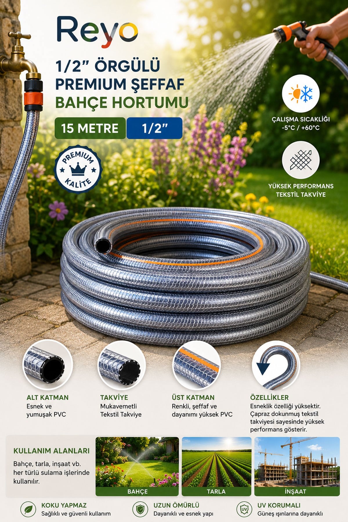 Reyo 1/2 Örgülü Premium Şeffaf Bahçe Hortumu 15 Metre 