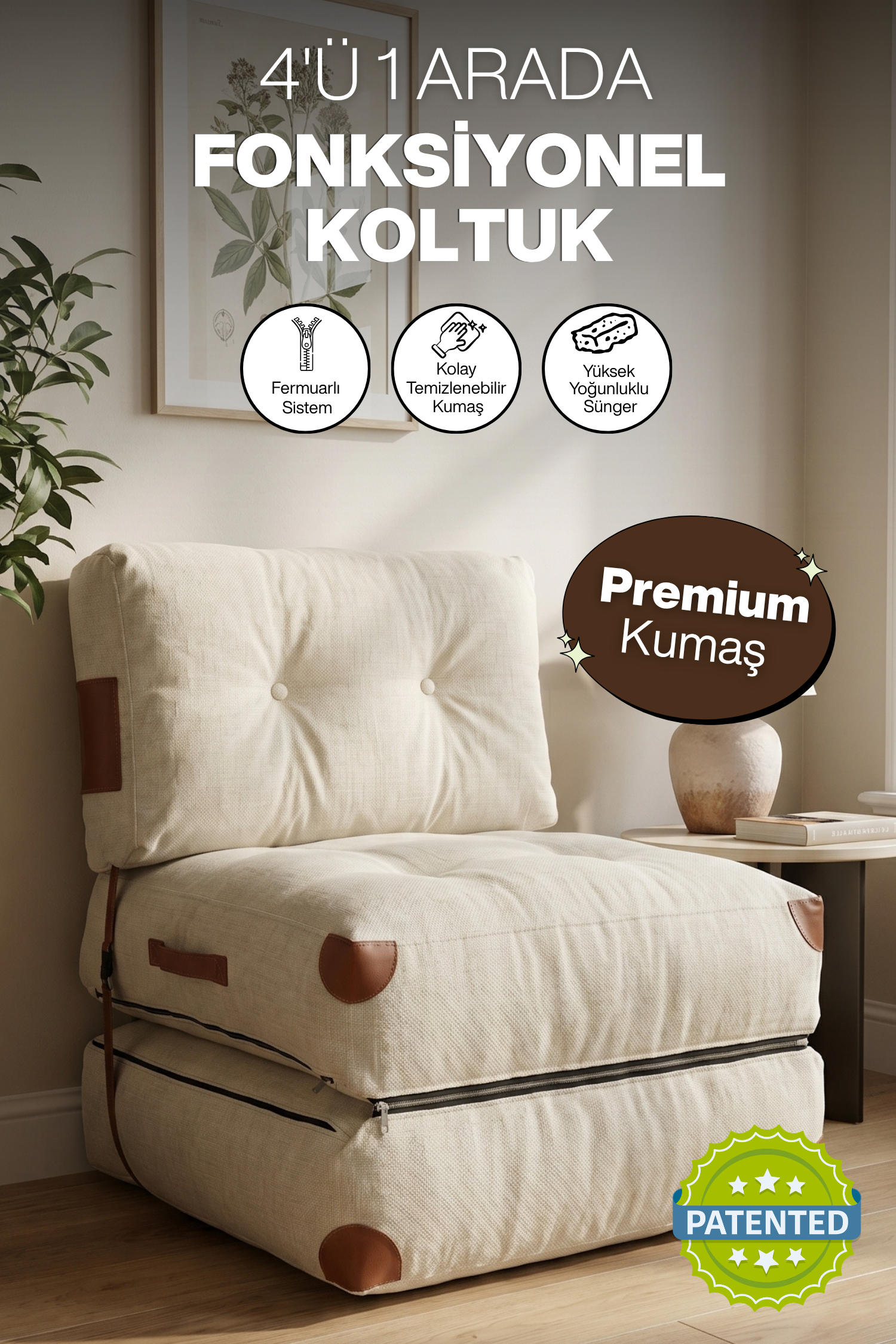 Pufymax Comfy Yeni Nesil Bohem Tekli Koltuk Yatak Olabilen Katlanır Berjer & Modüler Yer Yatağı 75x75x 85 cm Keten Krem
