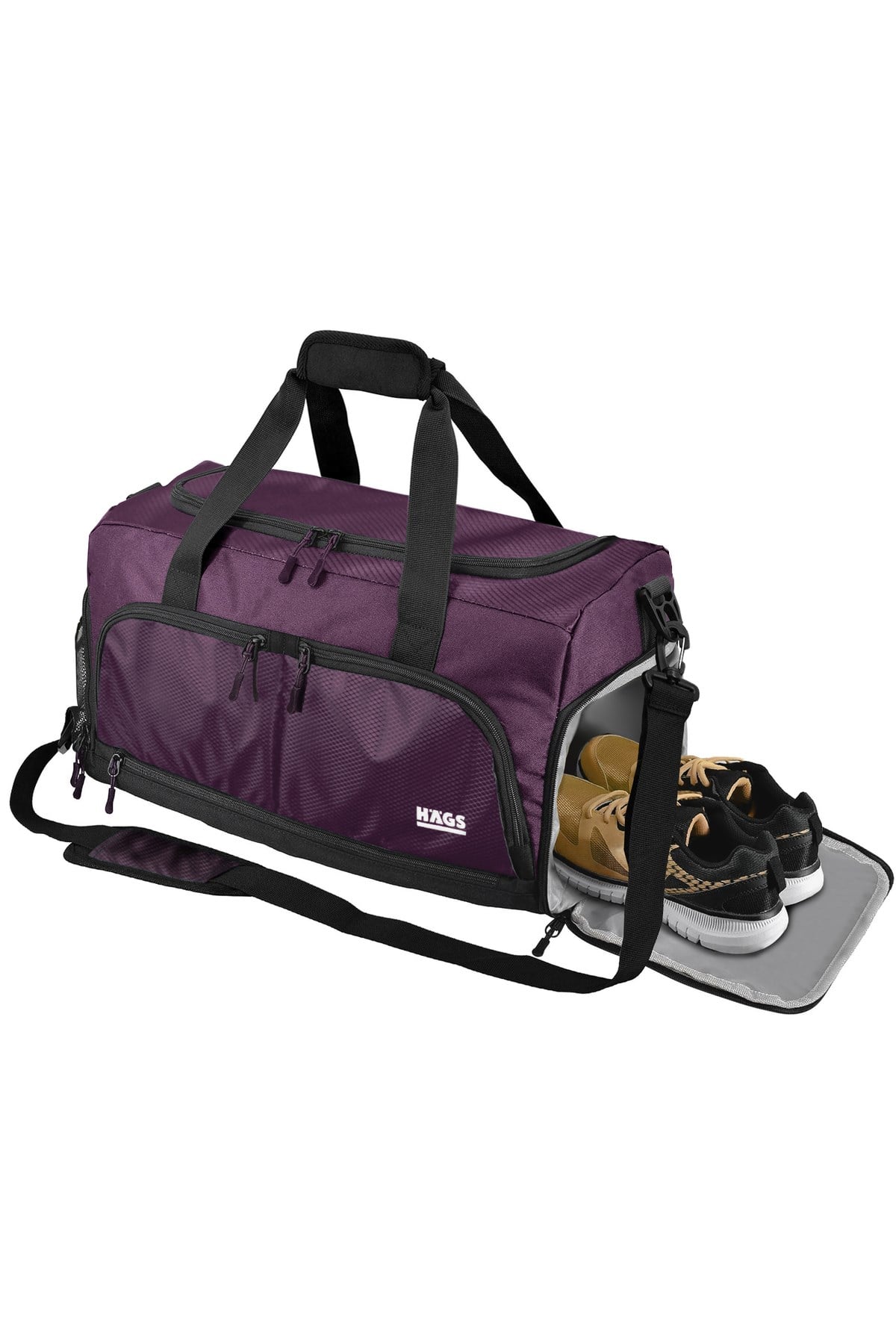 HAEGS Spor Çantası, 10 Cepli, Ayakkabı bölmeli, Su Geçirmez Islak Eşya Keseli, Organizer Tasarımlı Dayanıklı Bay Bayan Seyahat Çantası, Gym, Fitness Çantası, Medium - Mor