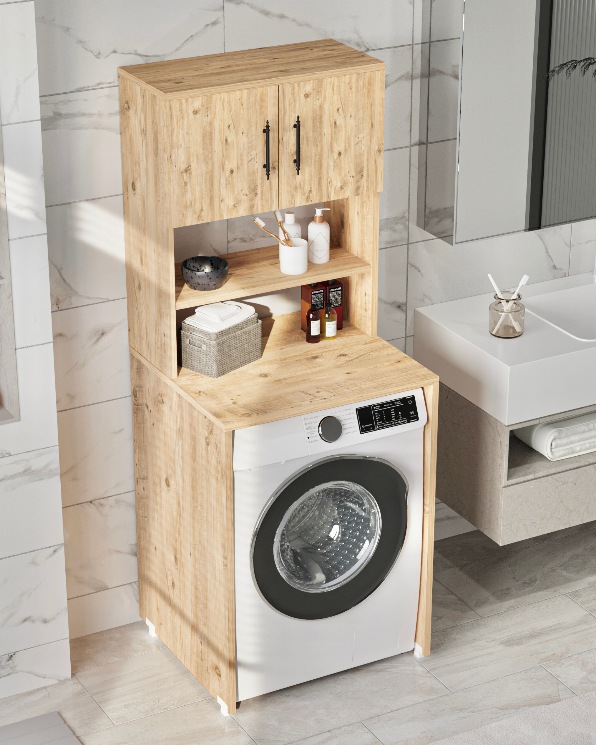 Enda Home Çamaşır Makinesi Dolabı 3 Raflı Kapaklı Banyo Dolabı Atlantik Çam