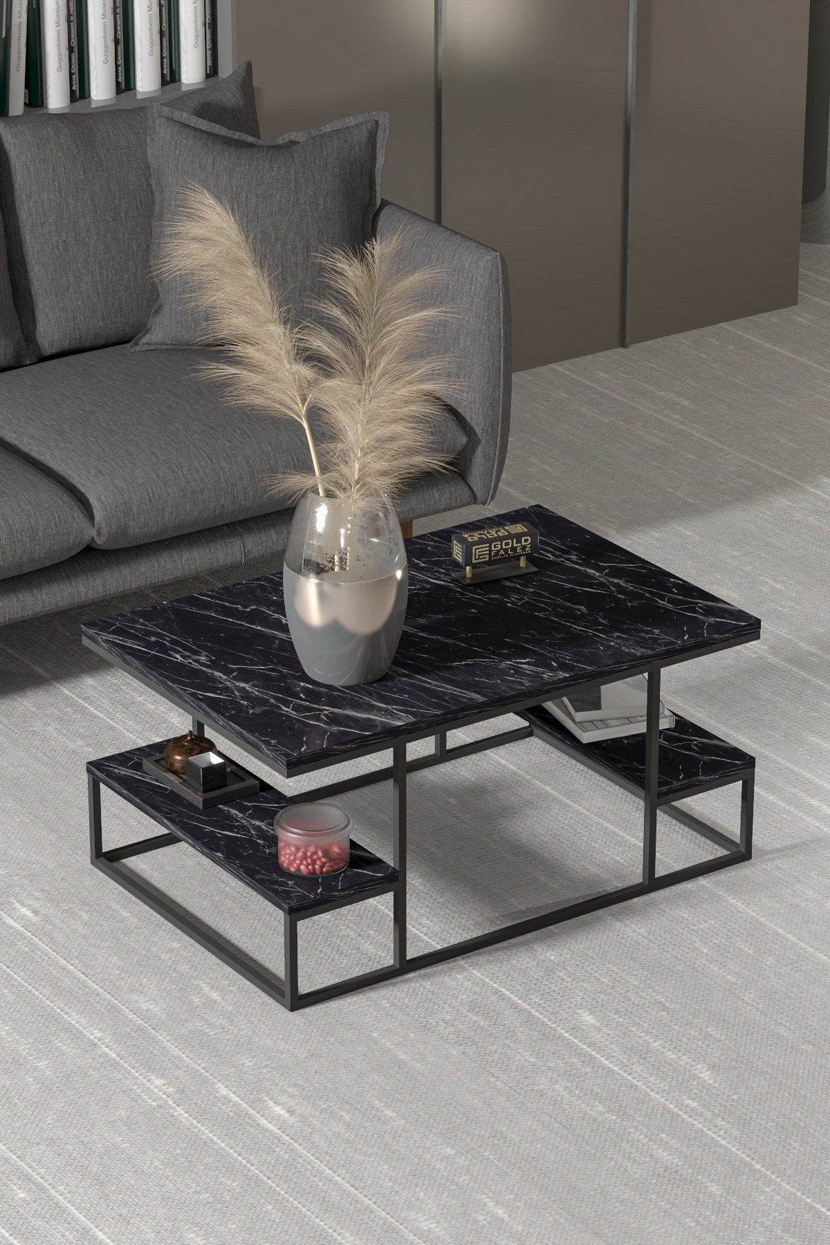 Reyo Falez Deluxe Raflı Orta Sehpa 60x90 cm Modern Dikdörtgen Orta Sehpa Siyah Mermer Desen