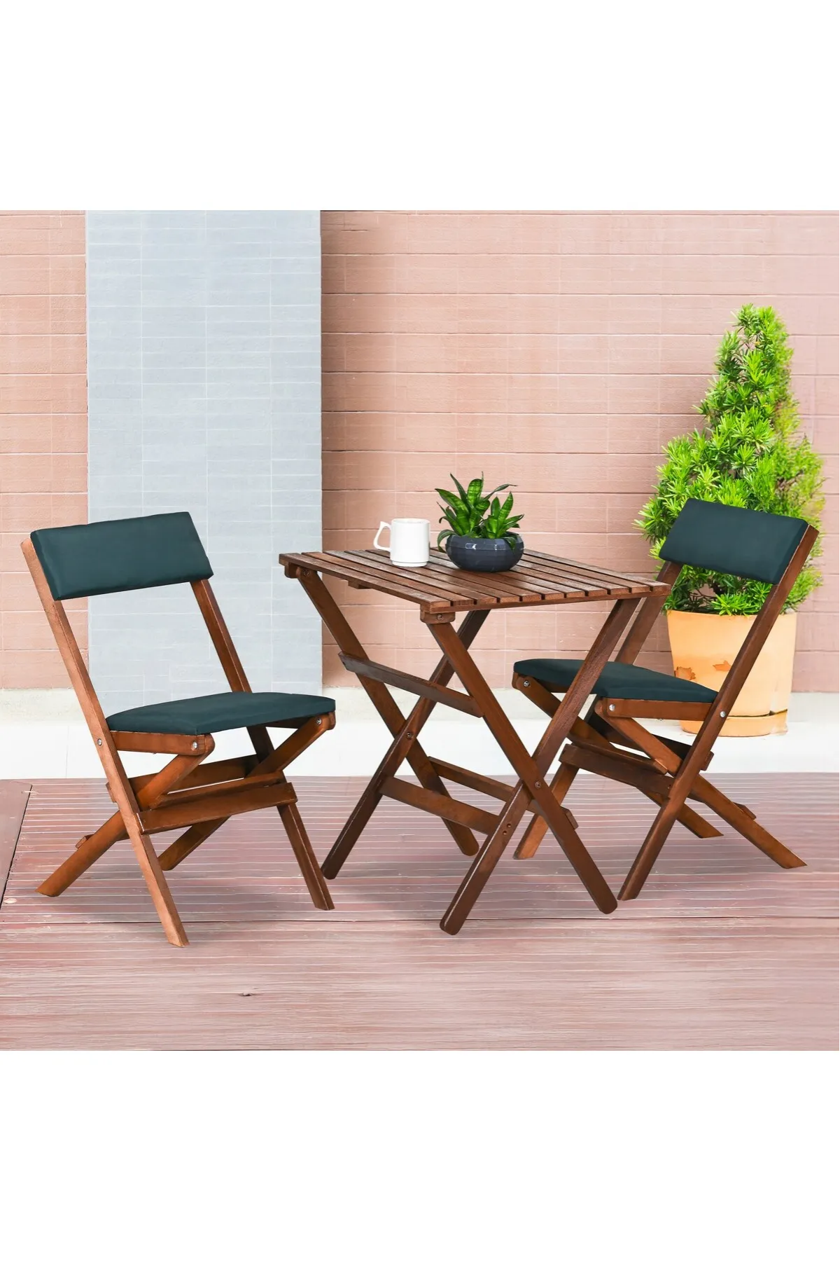 BySay Ahşap Katlanır Döşeme Minderli 3'lü Bistro Set Bahçe Takımı Ceviz Yeşil