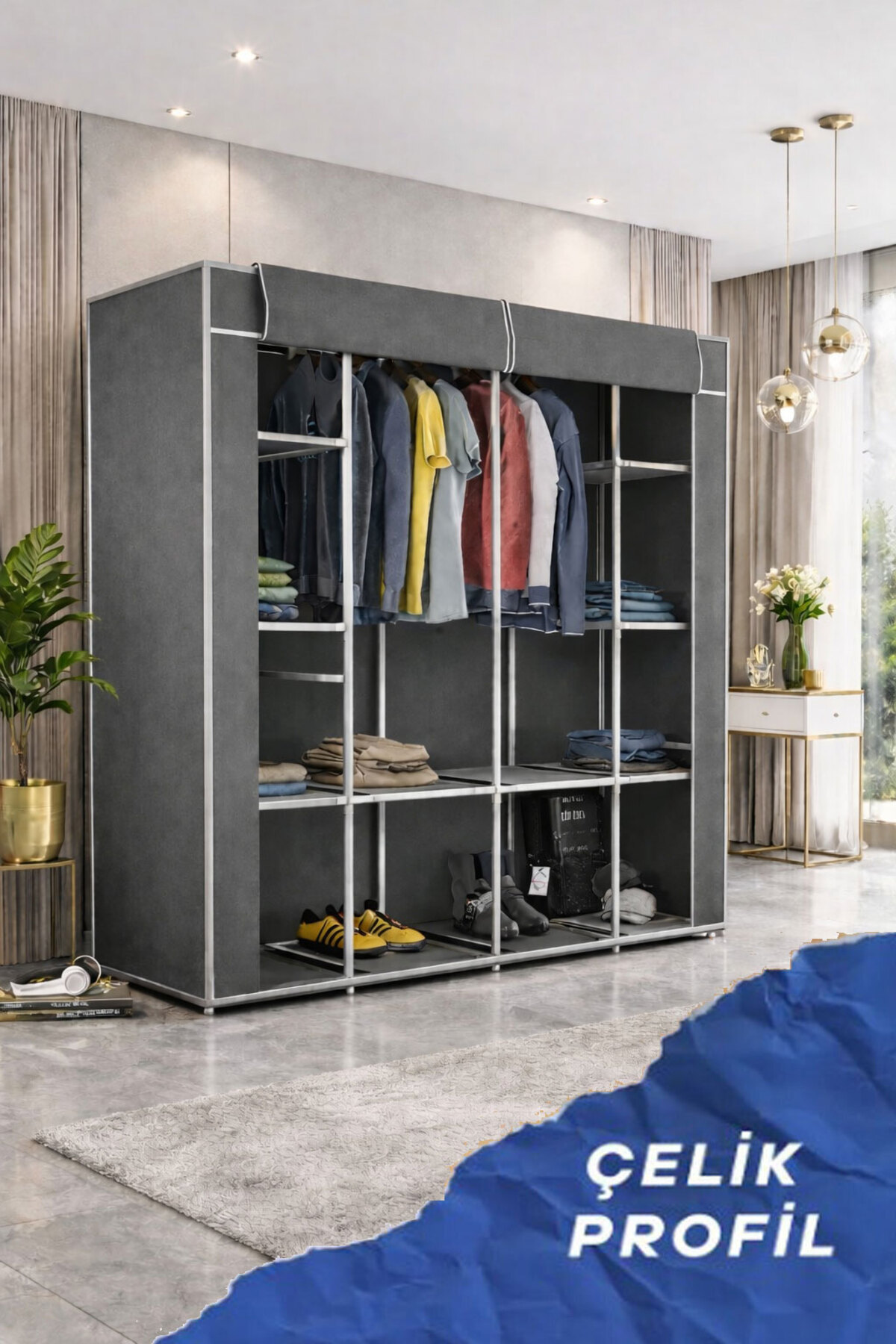 Reyo Teknor Metal Çift Askılı Bez Dolap Gri 150x160x40 cm – Geniş Hacimli Portatif Gardırop, Raflı Kumaş Dolap, Fermuarlı Elbise Düzenleyici