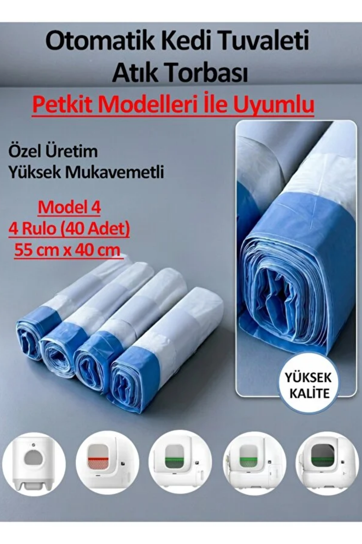 Reyo Otomatik Kedi Tuvaleti Poşeti – Petkit Uyumlu Akıllı Kedi Tuvaleti Atık Torbası 4 Rulo 40 Adet (Model 4)