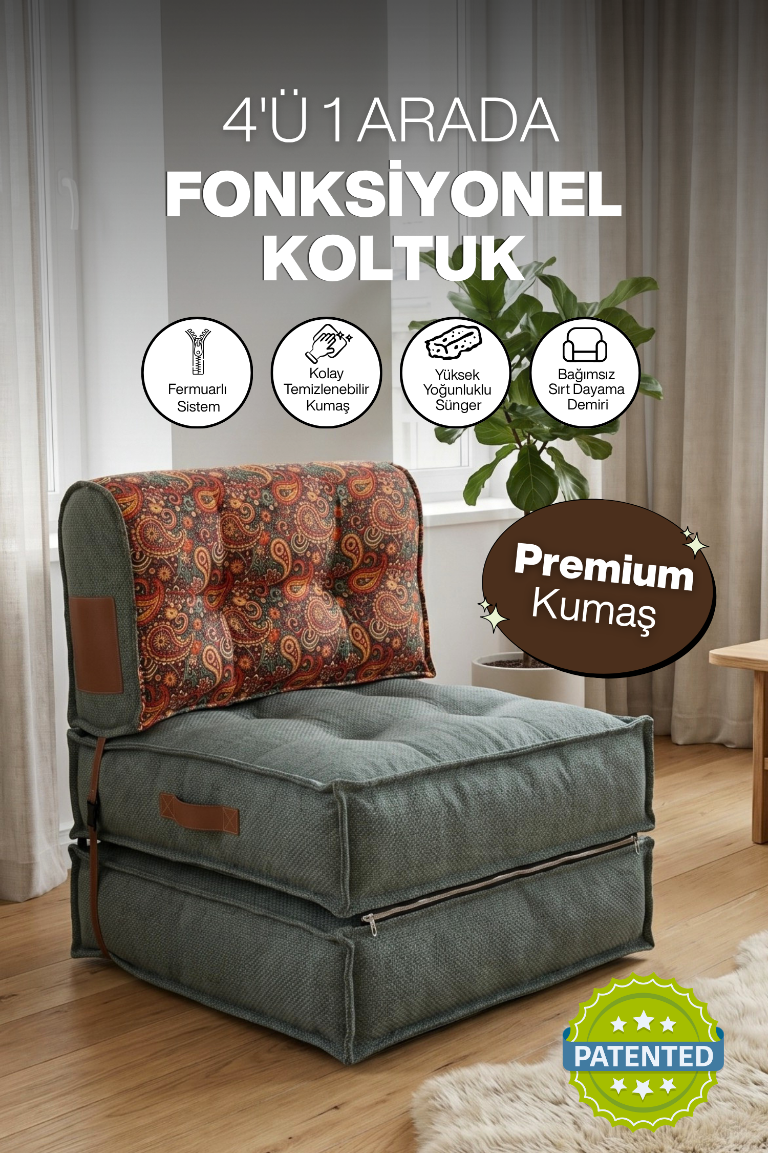 Pufymax Comfort Minder Koltuk Modüler Yer Koltuğu Sırt Destekli Oturma Minderi 75x75x85cm Yıkanabilir Fermuarlı Yeşil/Desenli 