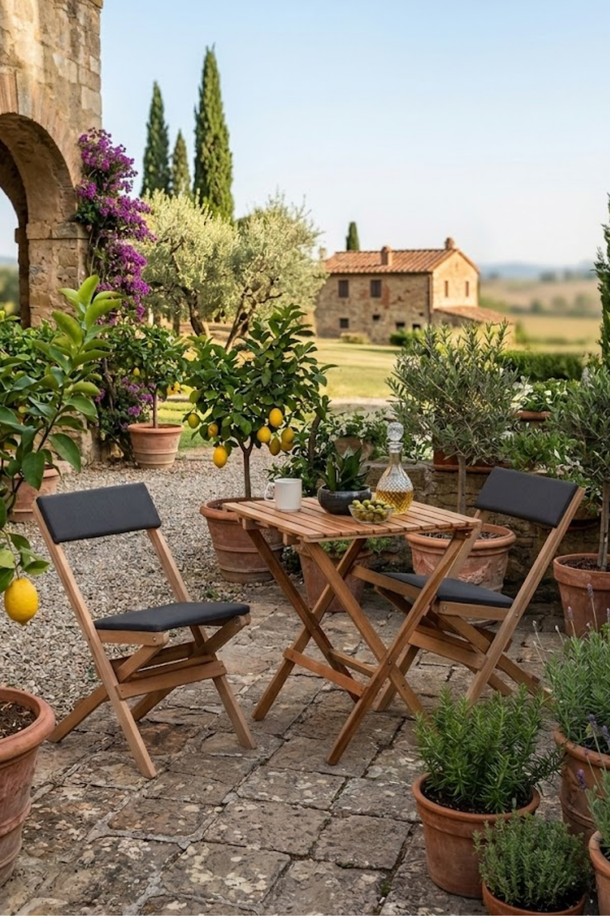 Reyo Ahşap Katlanır Döşeme Minderli 3'lü Bistro Set Bahçe Takımı Naturel Antrasit
