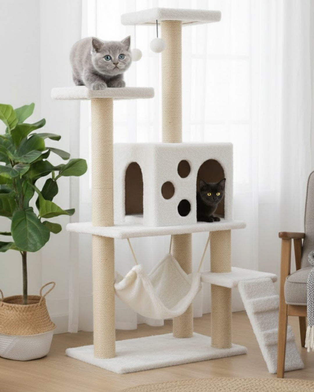 Reyo Pet B-10 Hamaklı Yuvalı Lüx Kedi Tırmalama Evi Beyaz